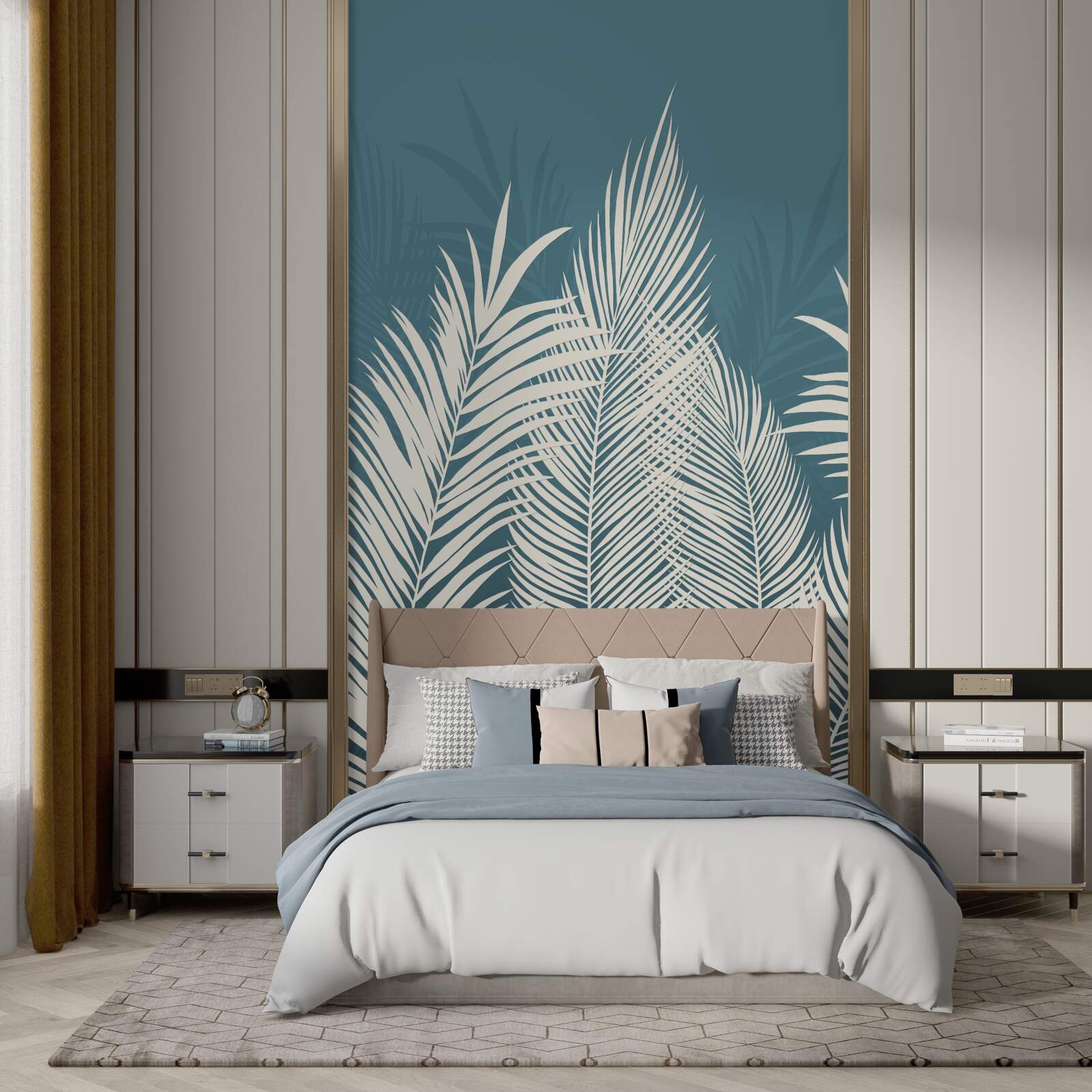 Fototapeta na niebieskim tle widnieją białe, puchowe koce