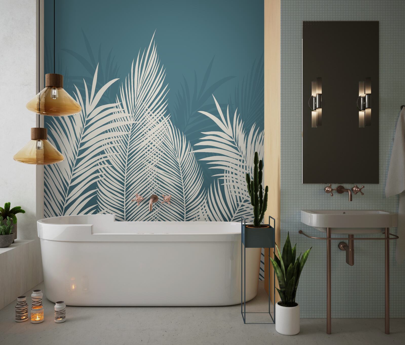 Fototapeta na niebieskim tle widnieją białe, puchowe koce