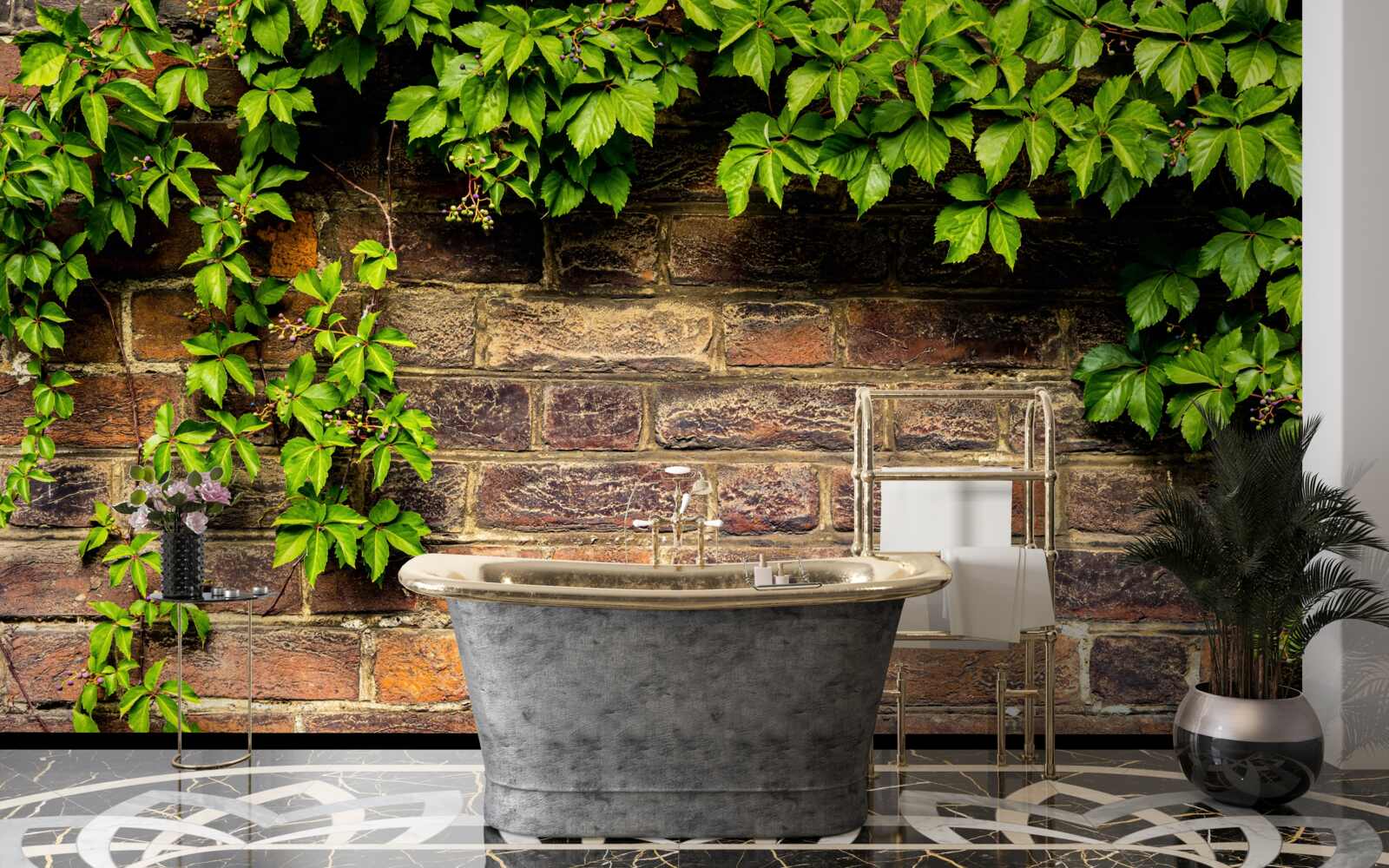 Fototapeta Ściana z cegieł opleciona zielonymi roślinami