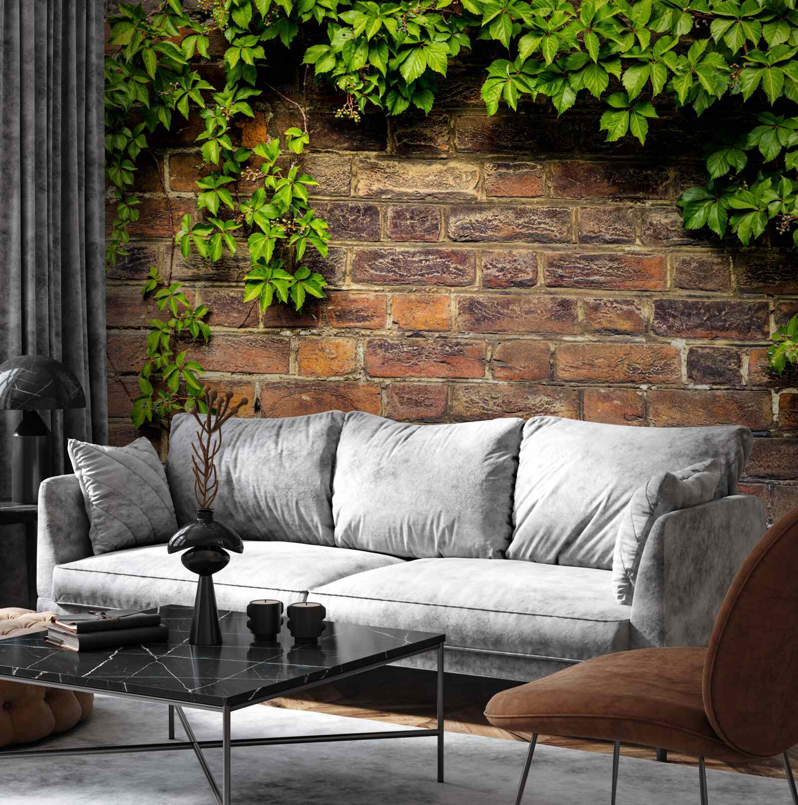 Fototapeta Ściana z cegieł opleciona zielonymi roślinami