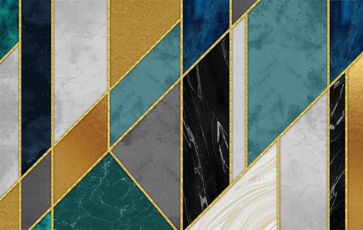 Fototapeta marmur w różnych kolorach, wykończony złotymi krawędziami figur