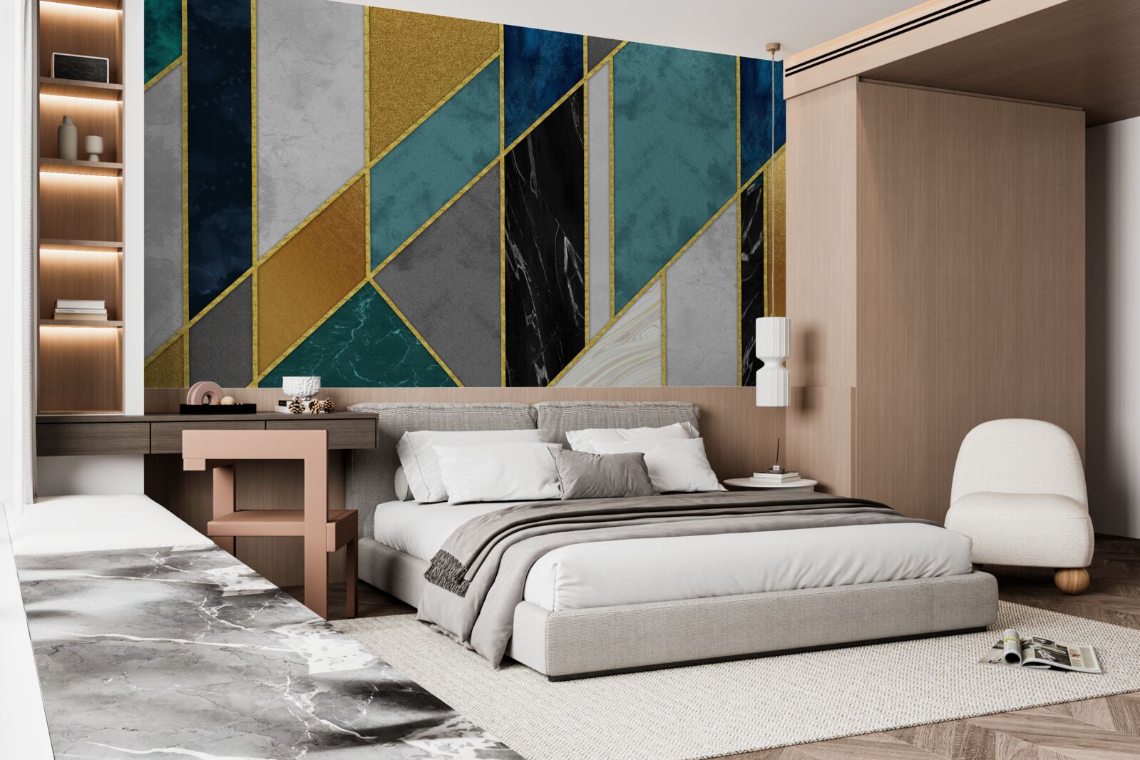 Fototapeta marmur w różnych kolorach, wykończony złotymi krawędziami figur