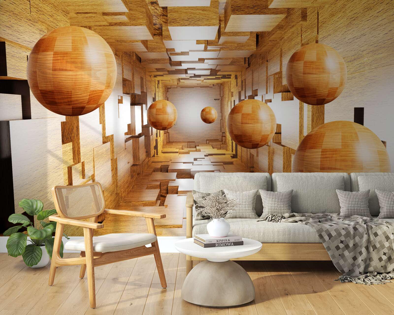 Fototapeta drewniane kule latające w niebo, unoszące się w powietrzu