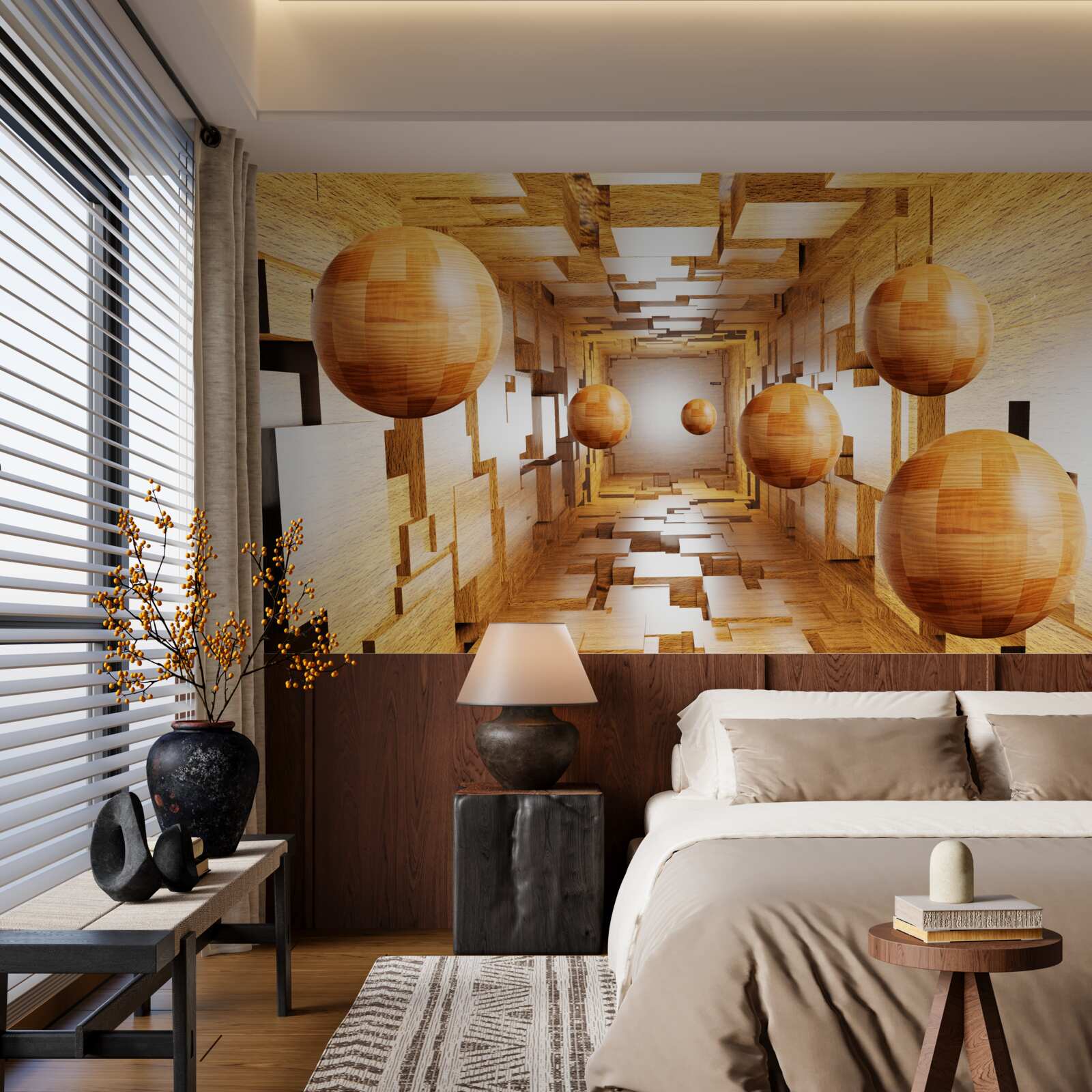 Fototapeta drewniane kule latające w niebo, unoszące się w powietrzu