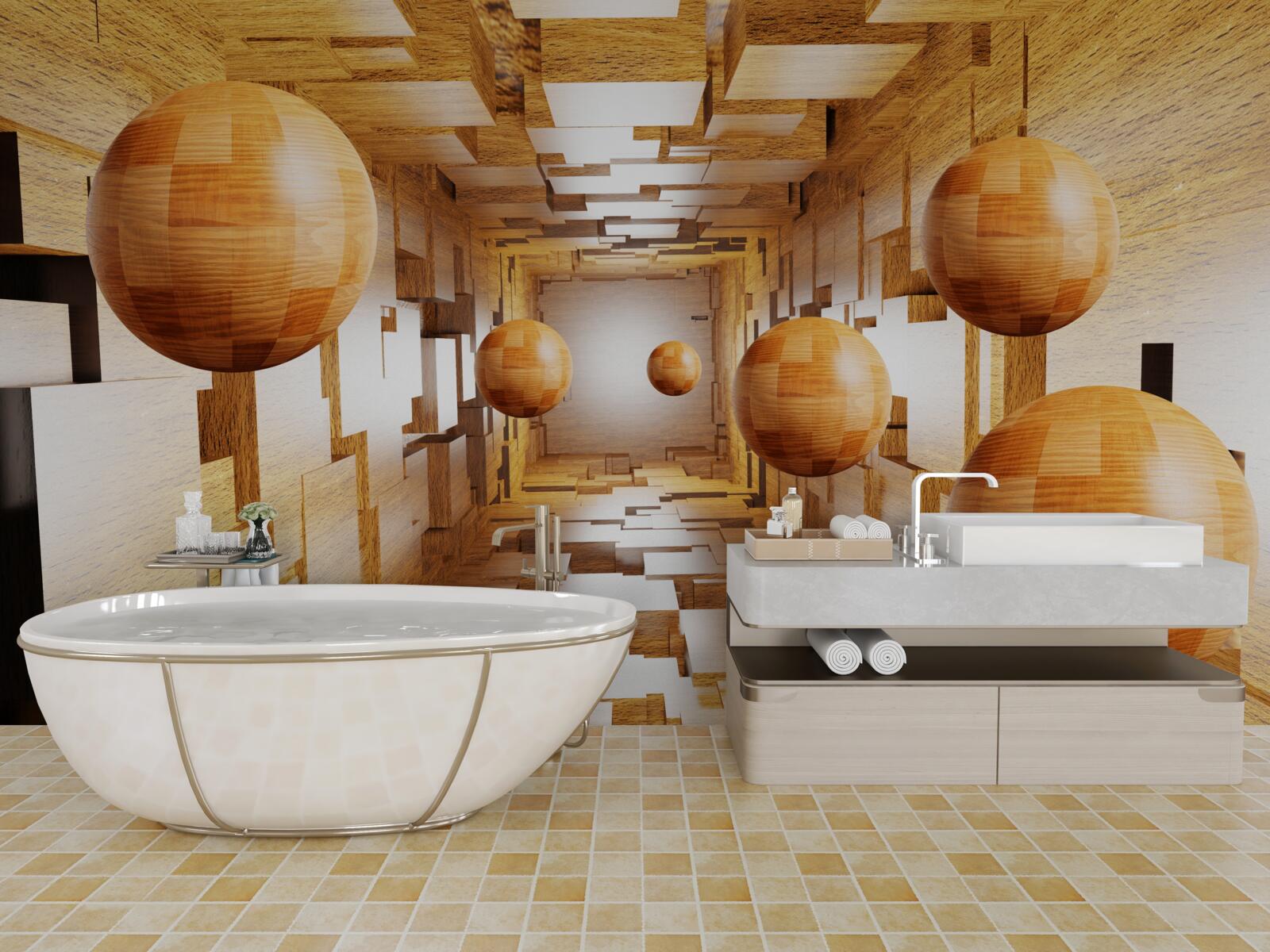 Fototapeta drewniane kule latające w niebo, unoszące się w powietrzu