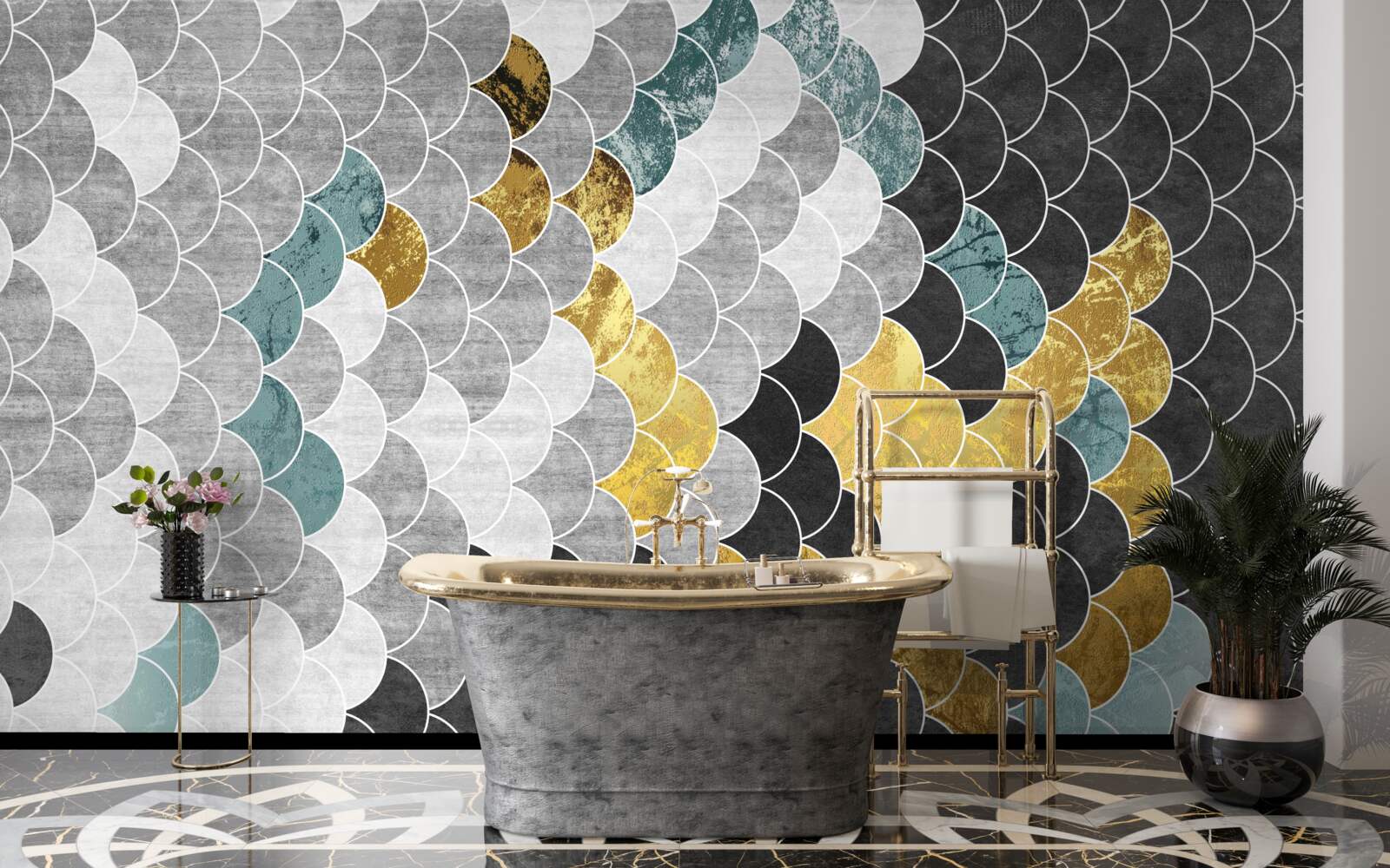 Fototapeta geometryczne kształty w czerni i bieli ze złotymi elementami