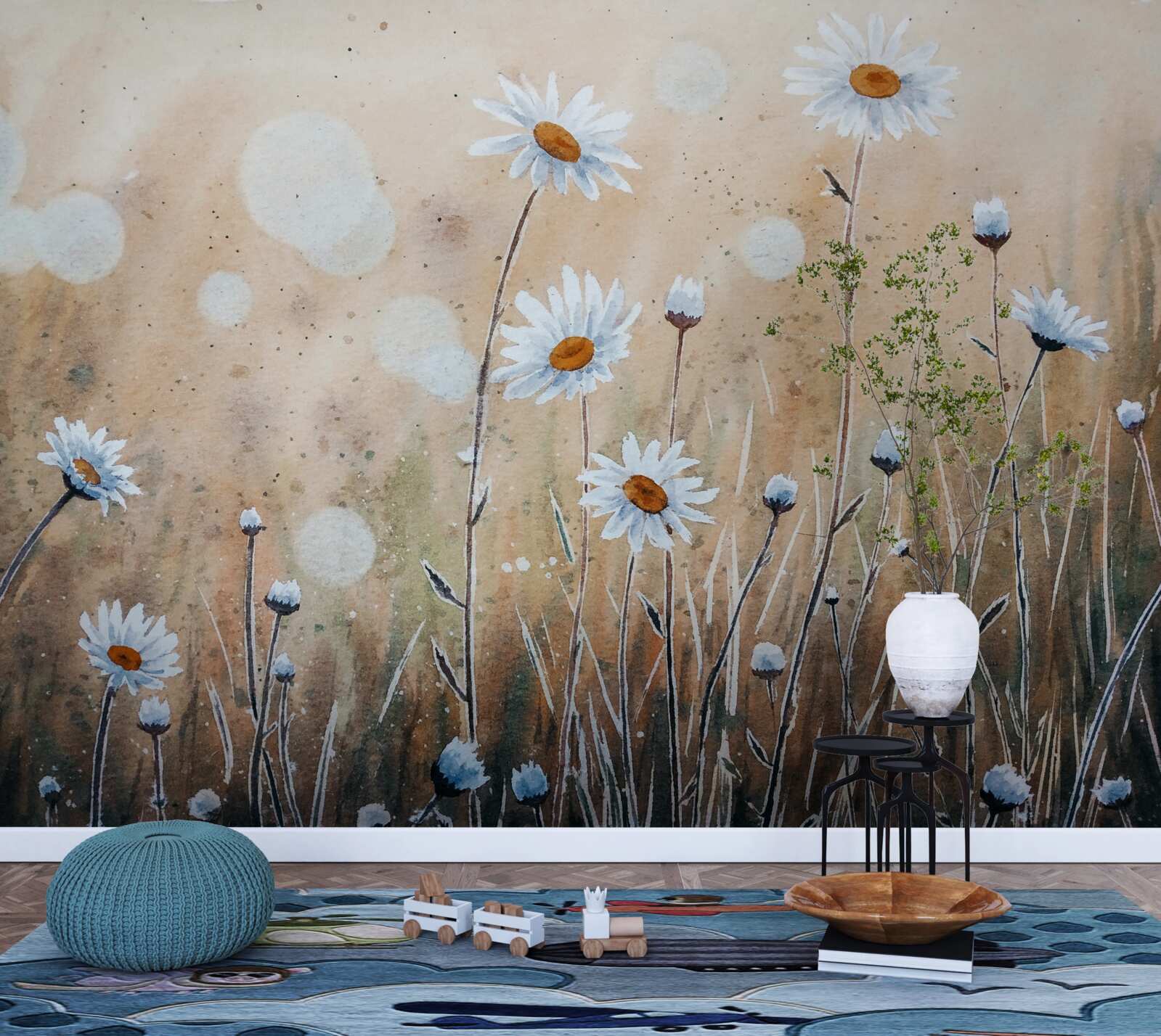 Fototapeta jak modelowe stokrotki w ulewie letniego deszczu