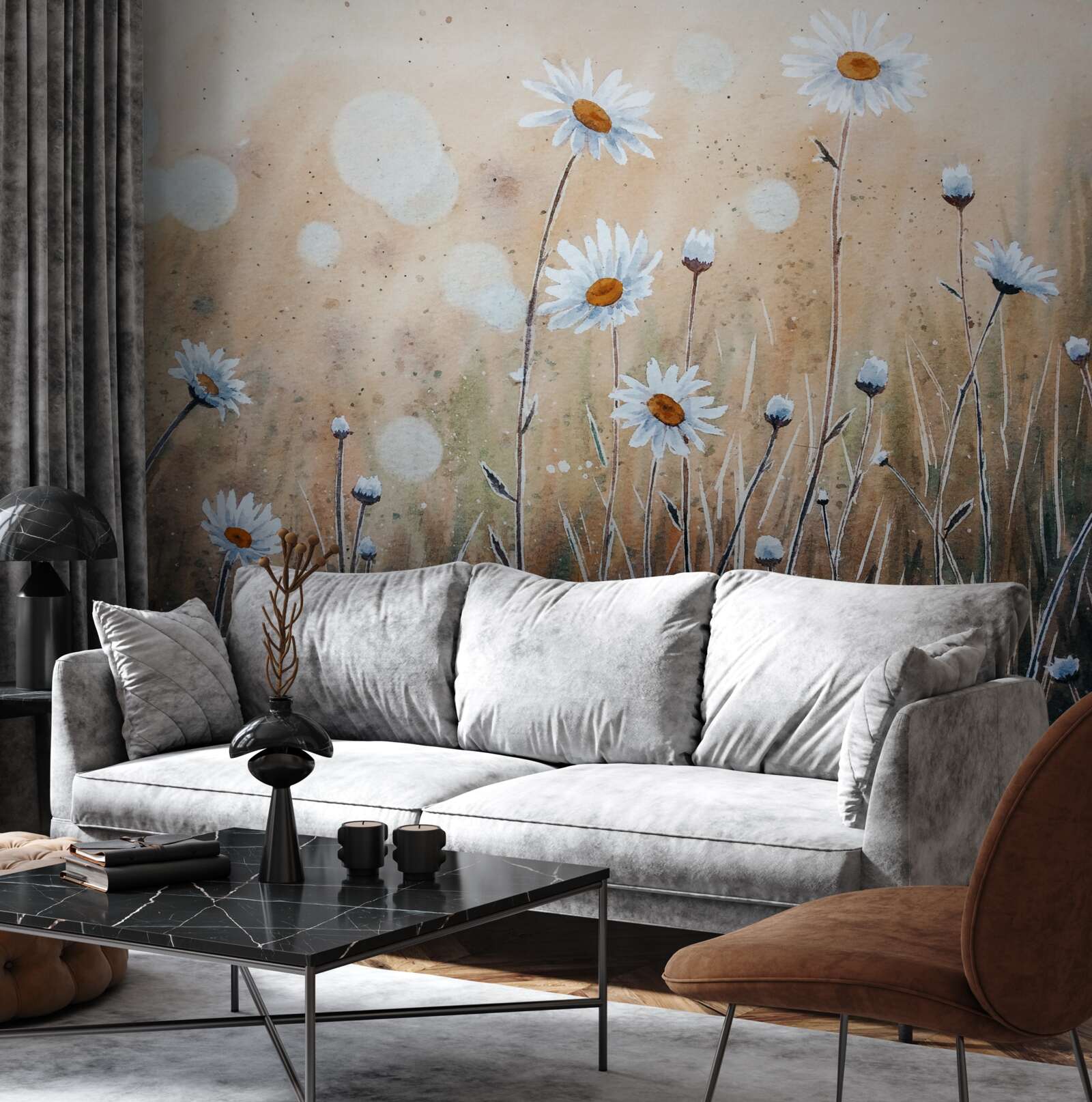 Fototapeta jak modelowe stokrotki w ulewie letniego deszczu