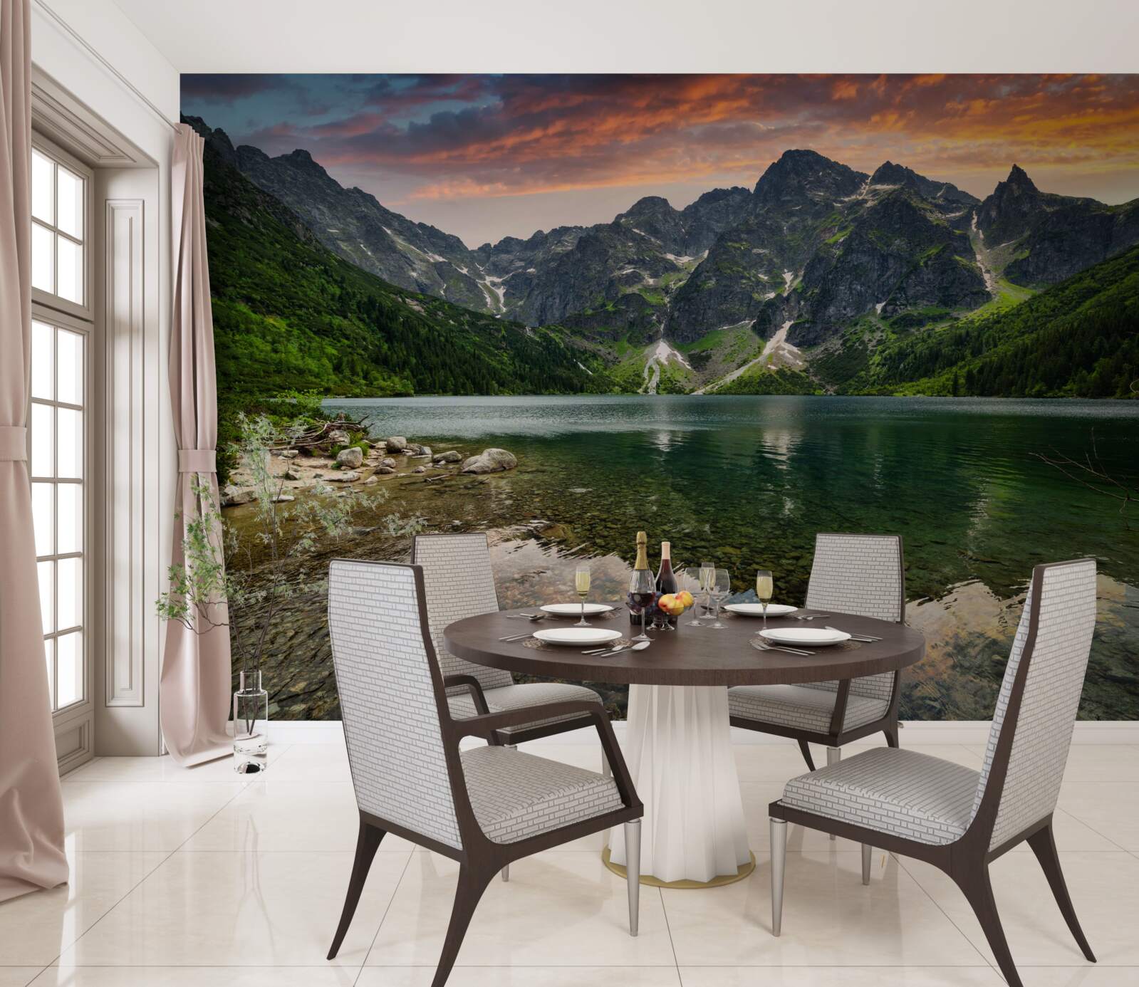 Fototapeta spokojny, ciepły wieczór i górski staw