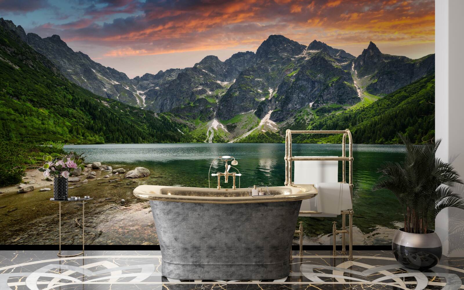 Fototapeta spokojny, ciepły wieczór i górski staw