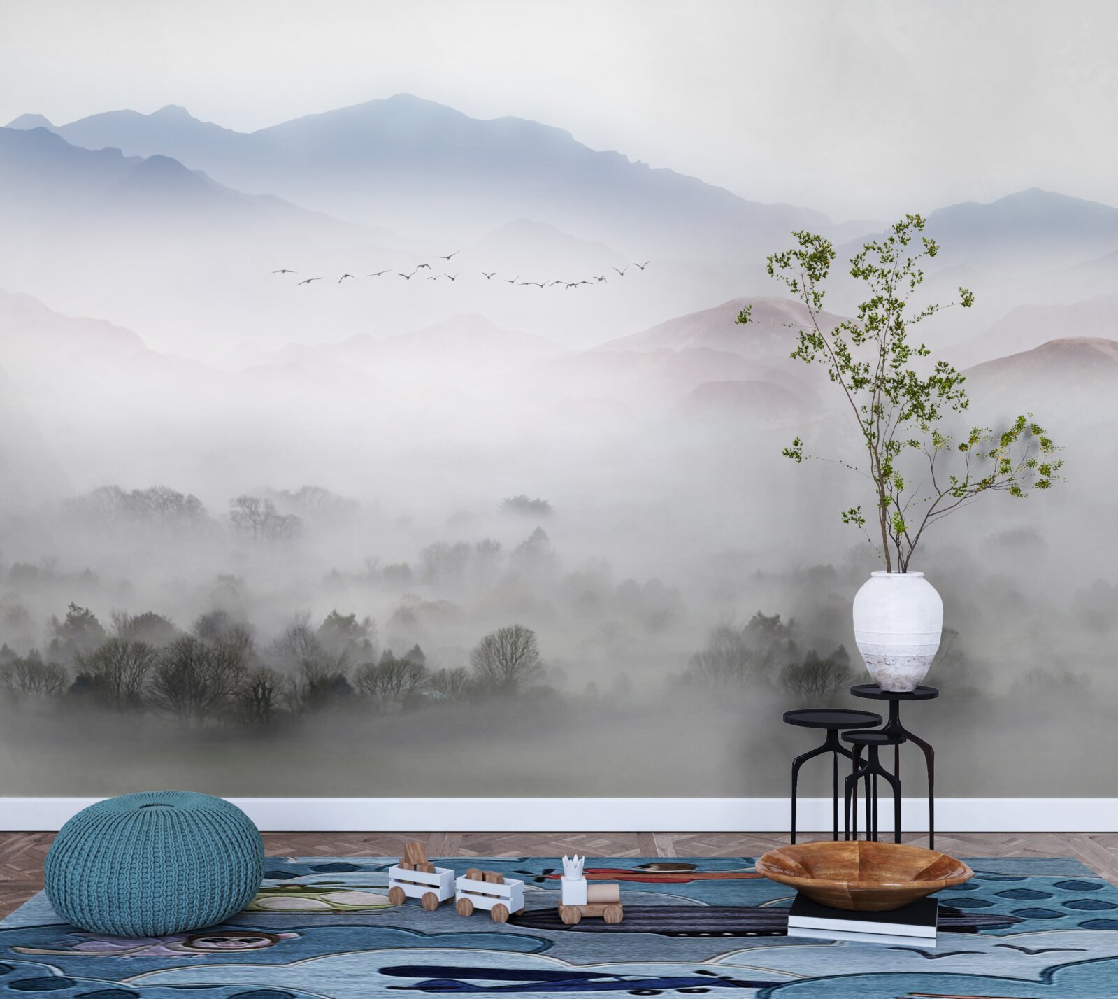 Fototapeta gęsta, chłodna mgła spowija szczyty górskie