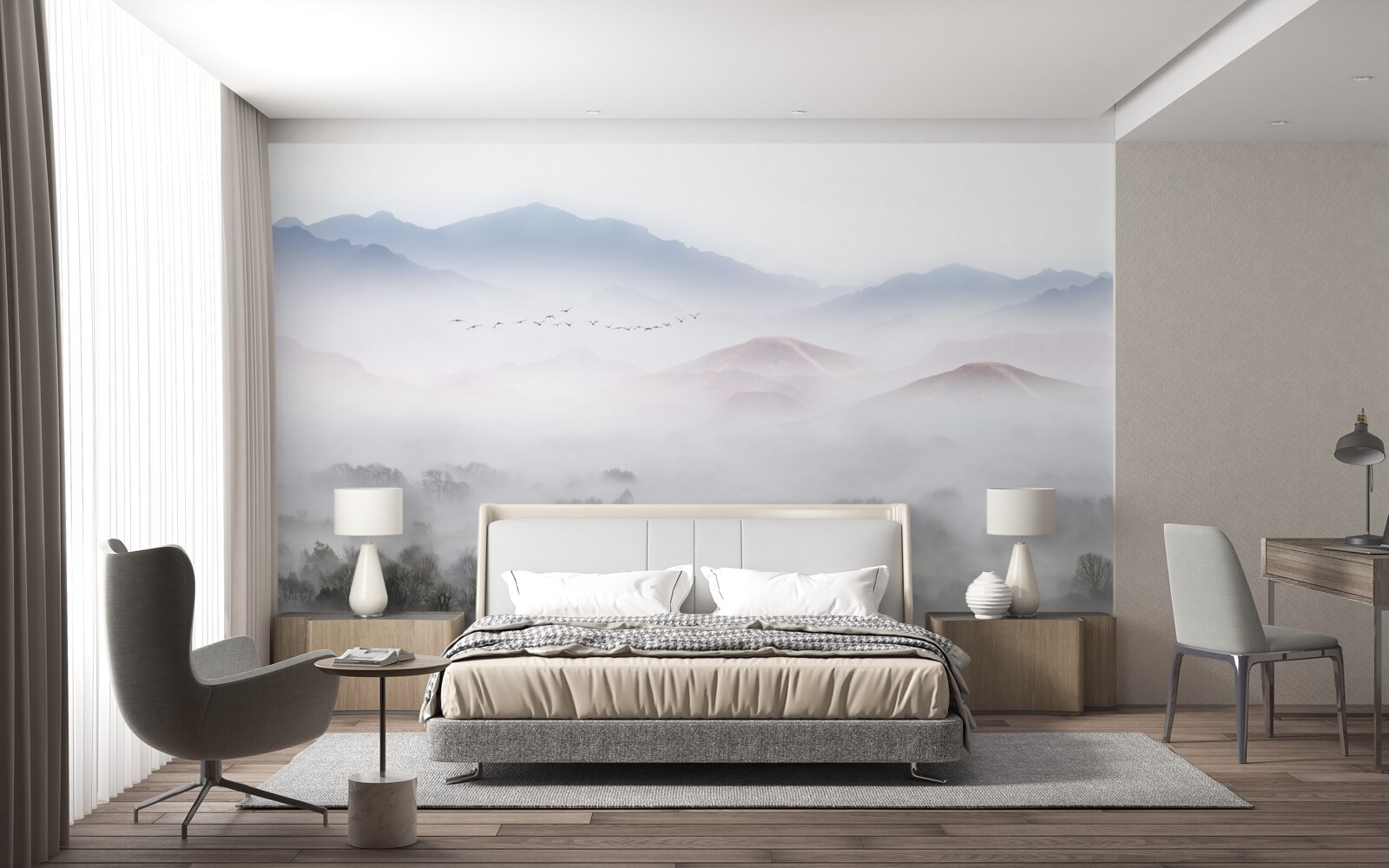 Fototapeta gęsta, chłodna mgła spowija szczyty górskie