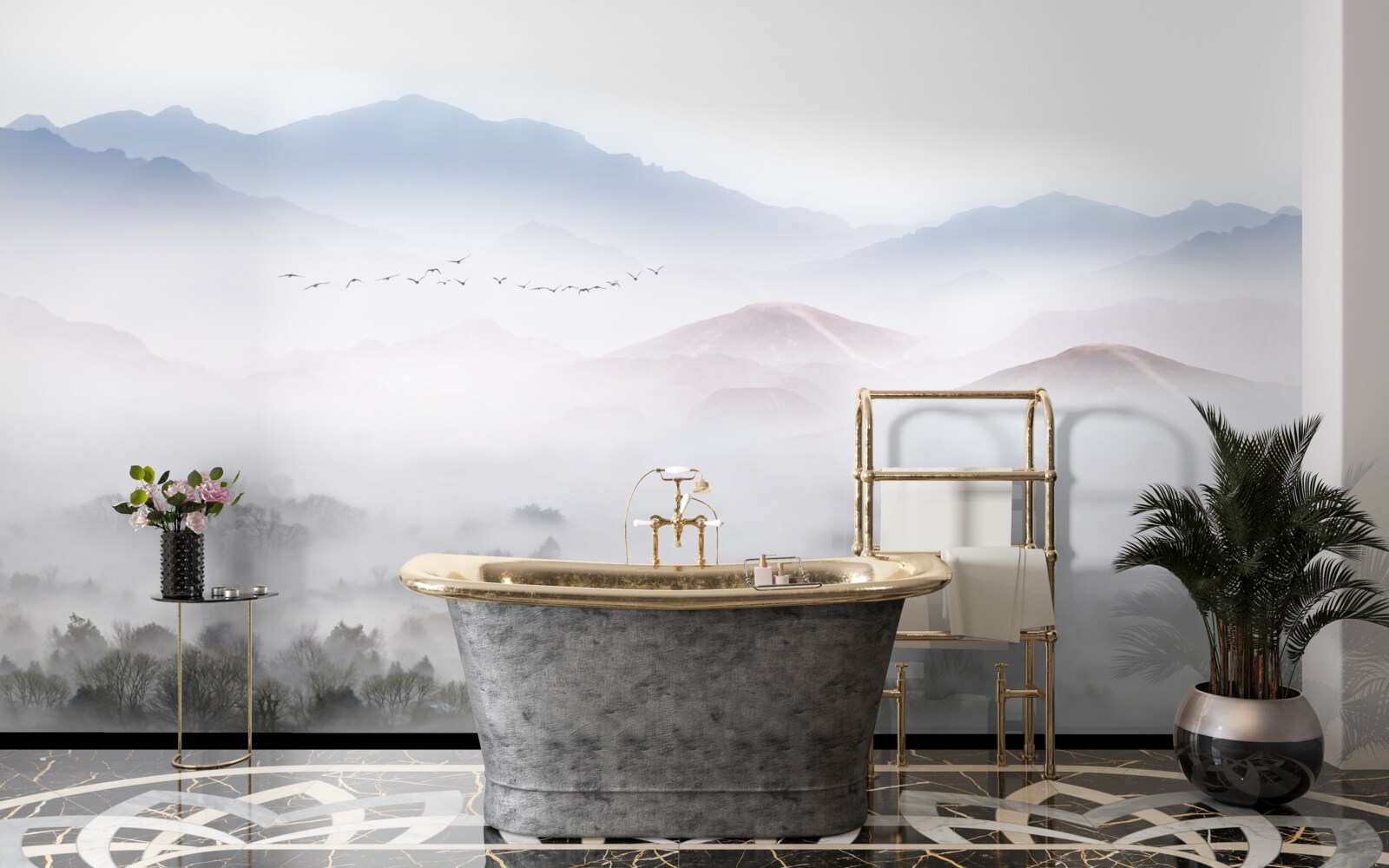 Fototapeta gęsta, chłodna mgła spowija szczyty górskie