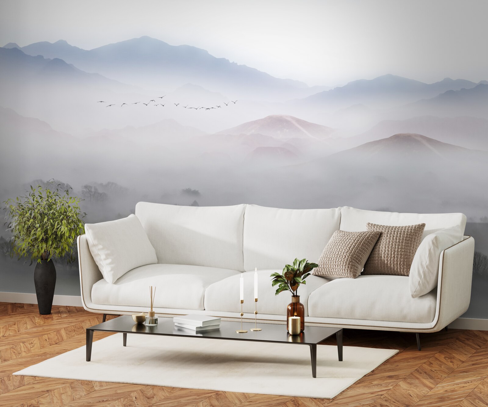 Fototapeta gęsta, chłodna mgła spowija szczyty górskie