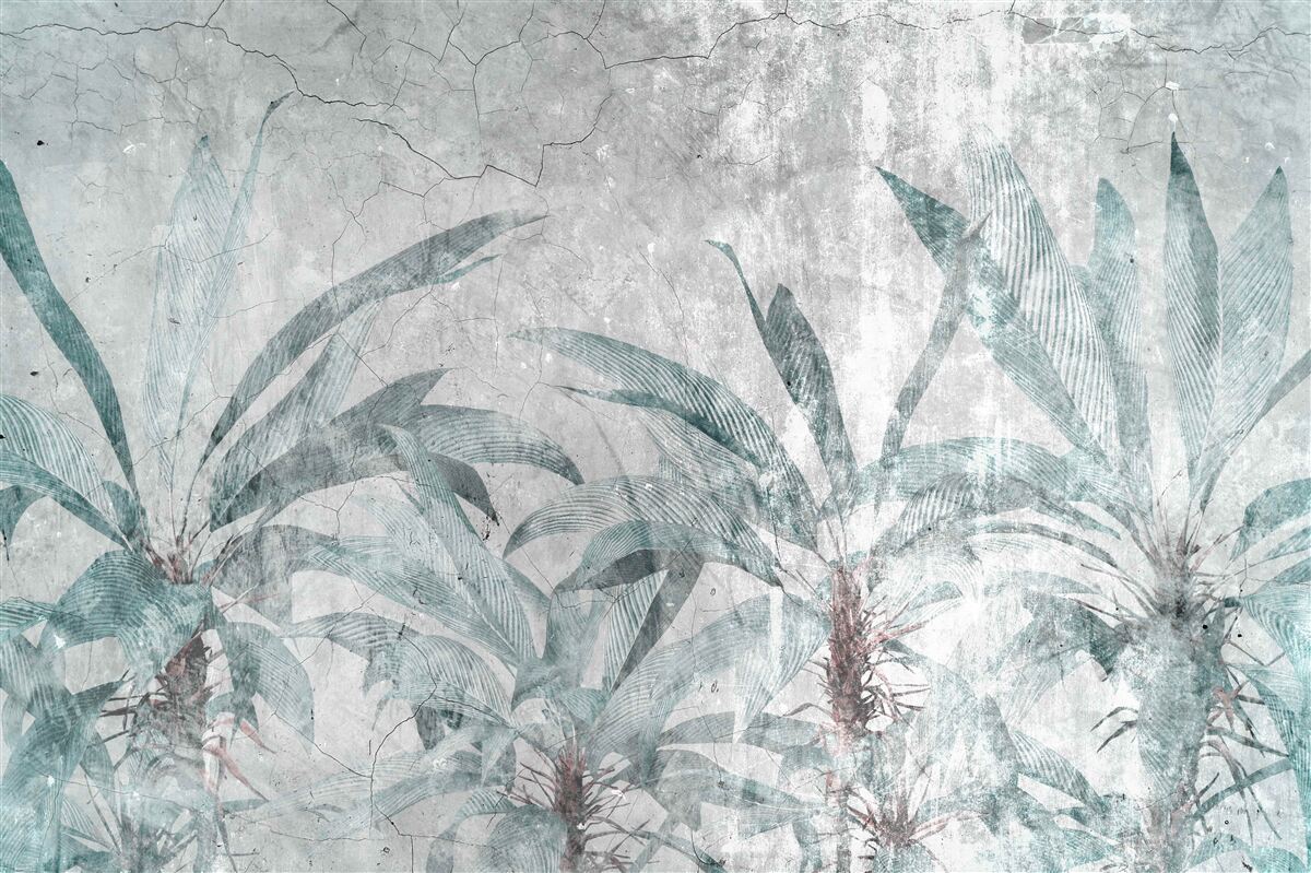 Fototapeta palmy otoczone zielenią pod kroplami deszczu