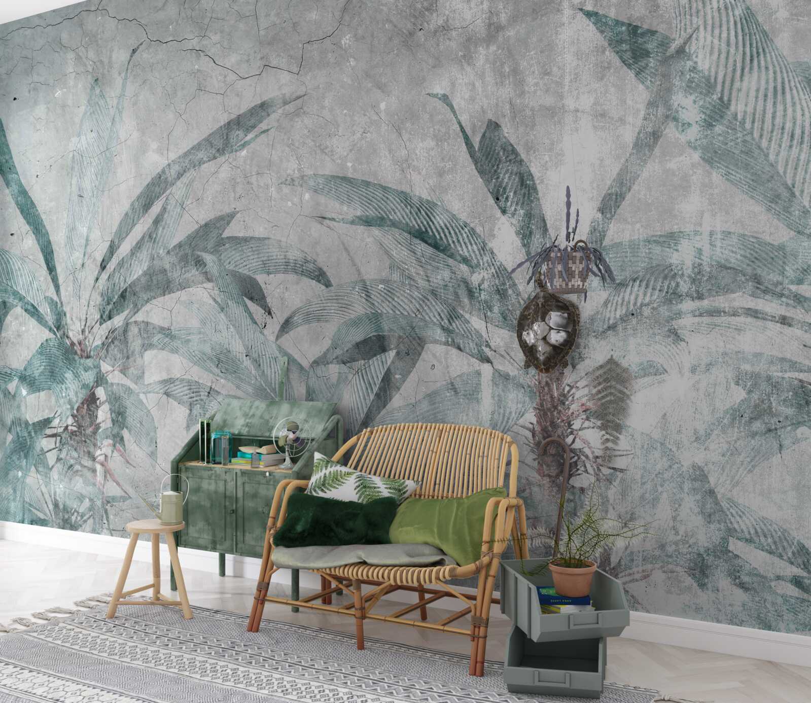 Fototapeta palmy otoczone zielenią pod kroplami deszczu