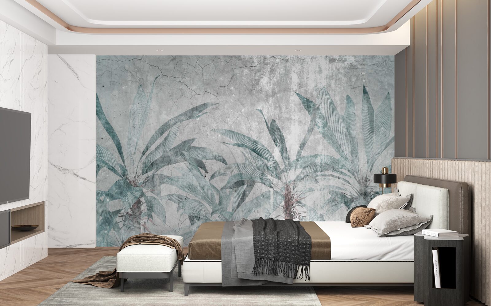 Fototapeta palmy otoczone zielenią pod kroplami deszczu