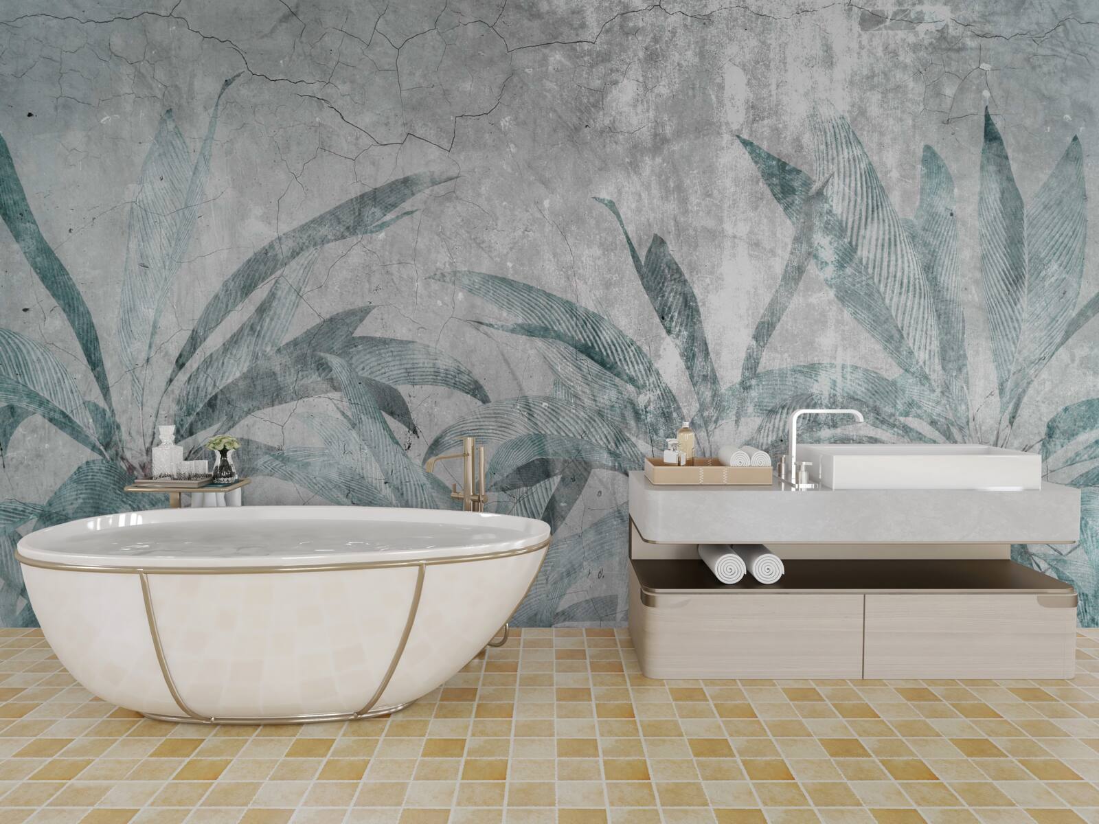 Fototapeta palmy otoczone zielenią pod kroplami deszczu