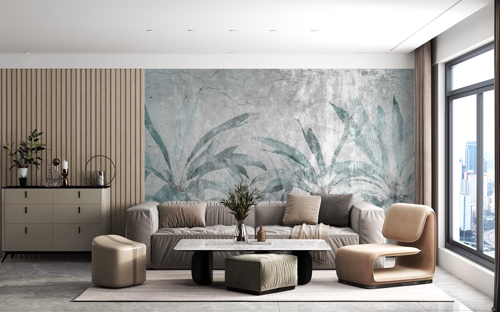 Fototapeta palmy otoczone zielenią pod kroplami deszczu