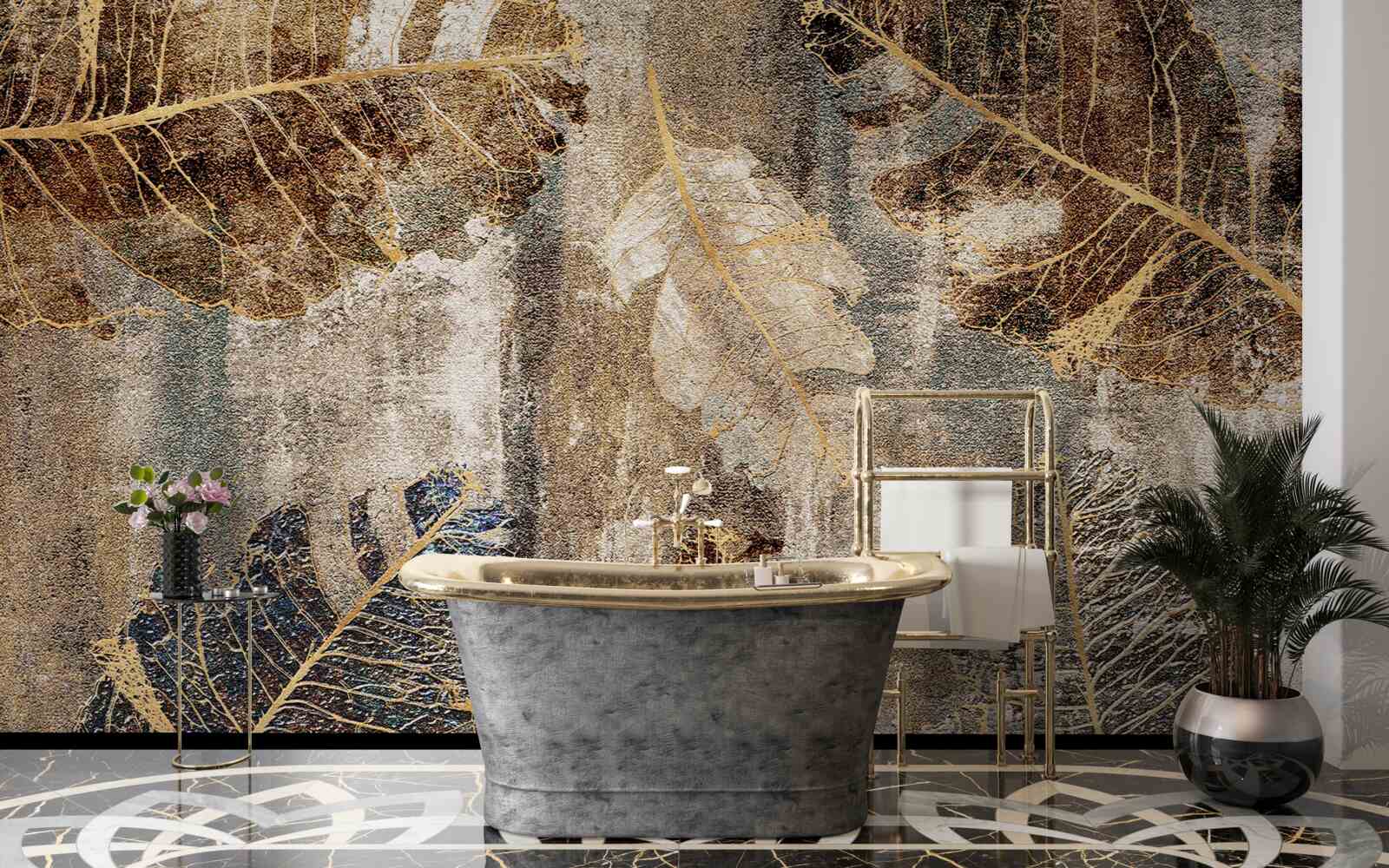 Fototapeta złote i czarne liście paproci