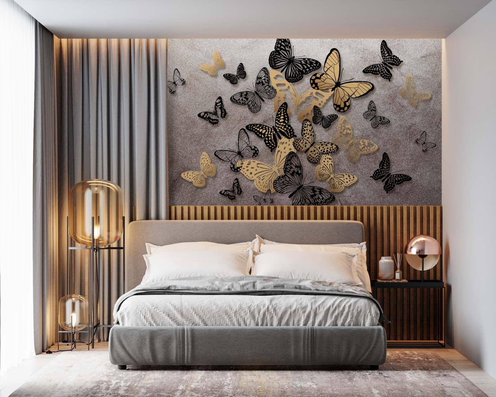 Fototapeta złote i czarne motyle wznoszą się w powietrze