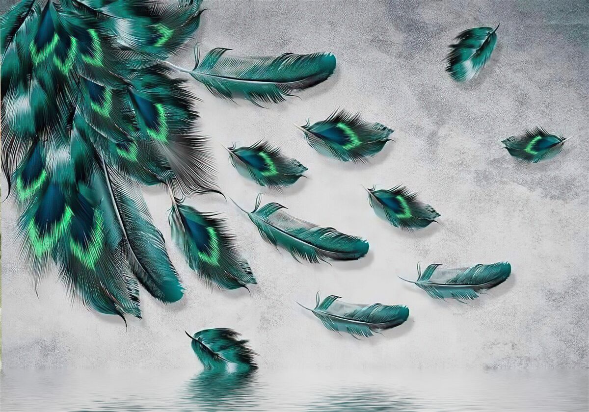 Fototapeta woda pokryta jest opadającymi szmaragdowymi pawimi piórami
