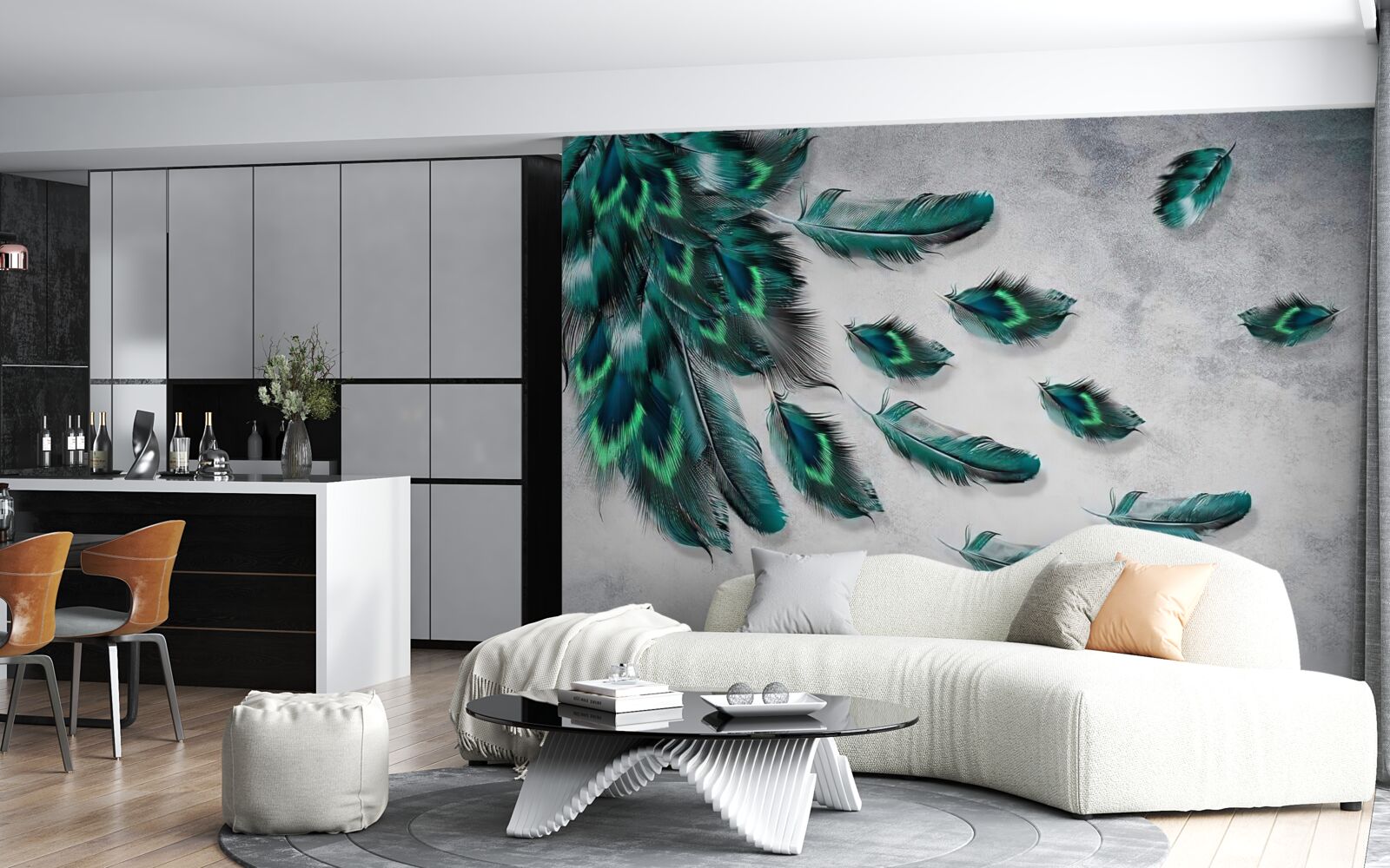 Fototapeta woda pokryta jest opadającymi szmaragdowymi pawimi piórami