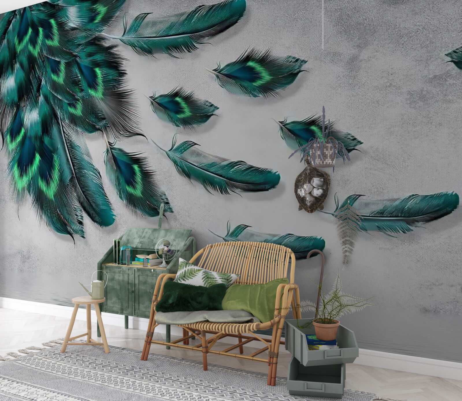 Fototapeta woda pokryta jest opadającymi szmaragdowymi pawimi piórami