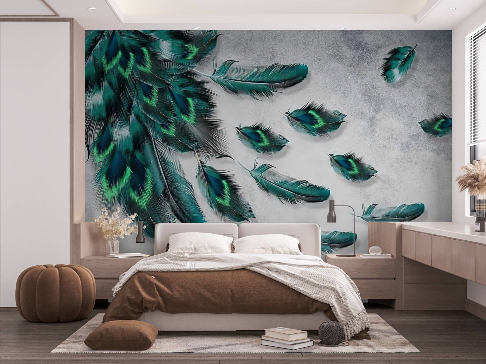 Fototapeta woda pokryta jest opadającymi szmaragdowymi pawimi piórami