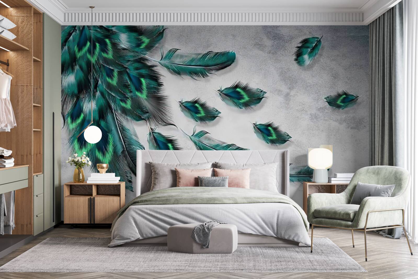 Fototapeta woda pokryta jest opadającymi szmaragdowymi pawimi piórami