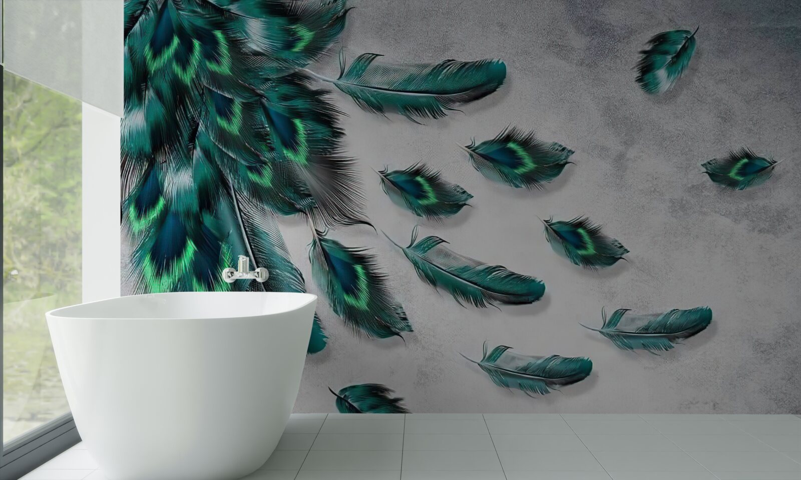 Fototapeta woda pokryta jest opadającymi szmaragdowymi pawimi piórami