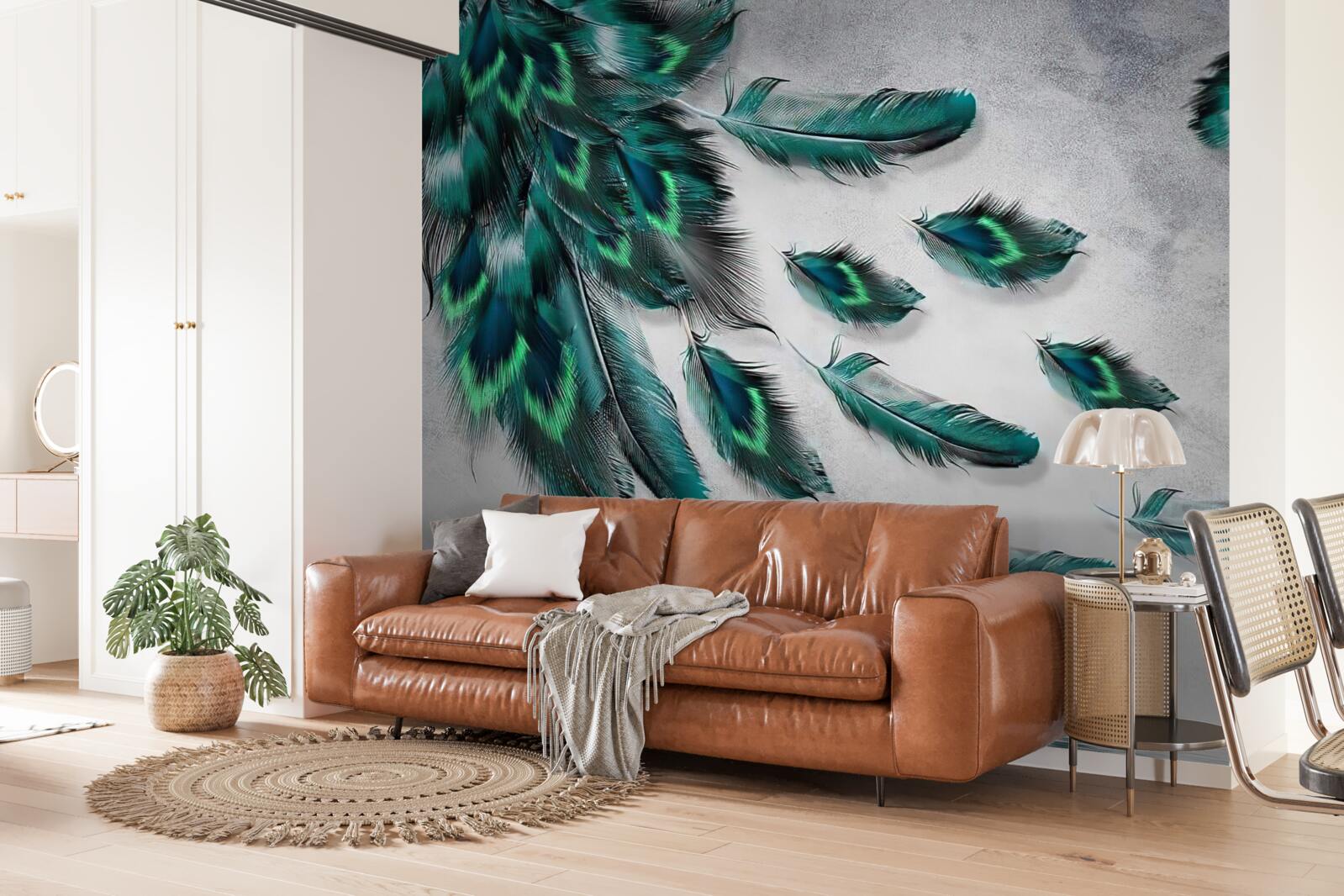 Fototapeta woda pokryta jest opadającymi szmaragdowymi pawimi piórami