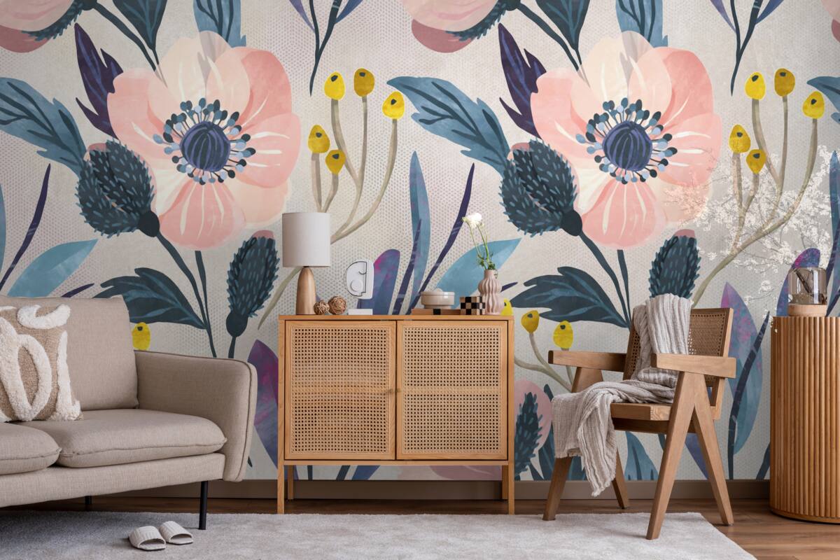 Fototapeta różowe maki wśród liści