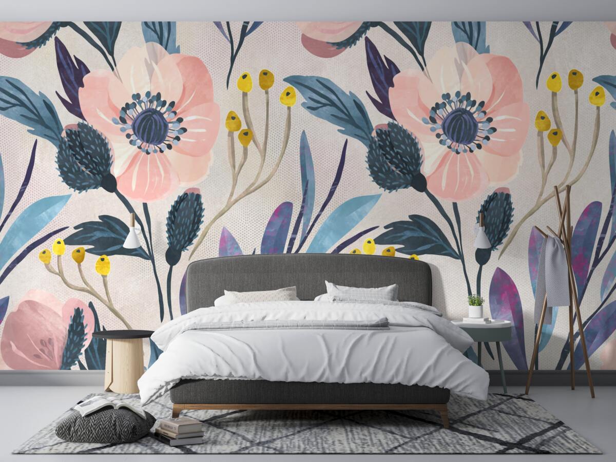 Fototapeta różowe maki wśród liści