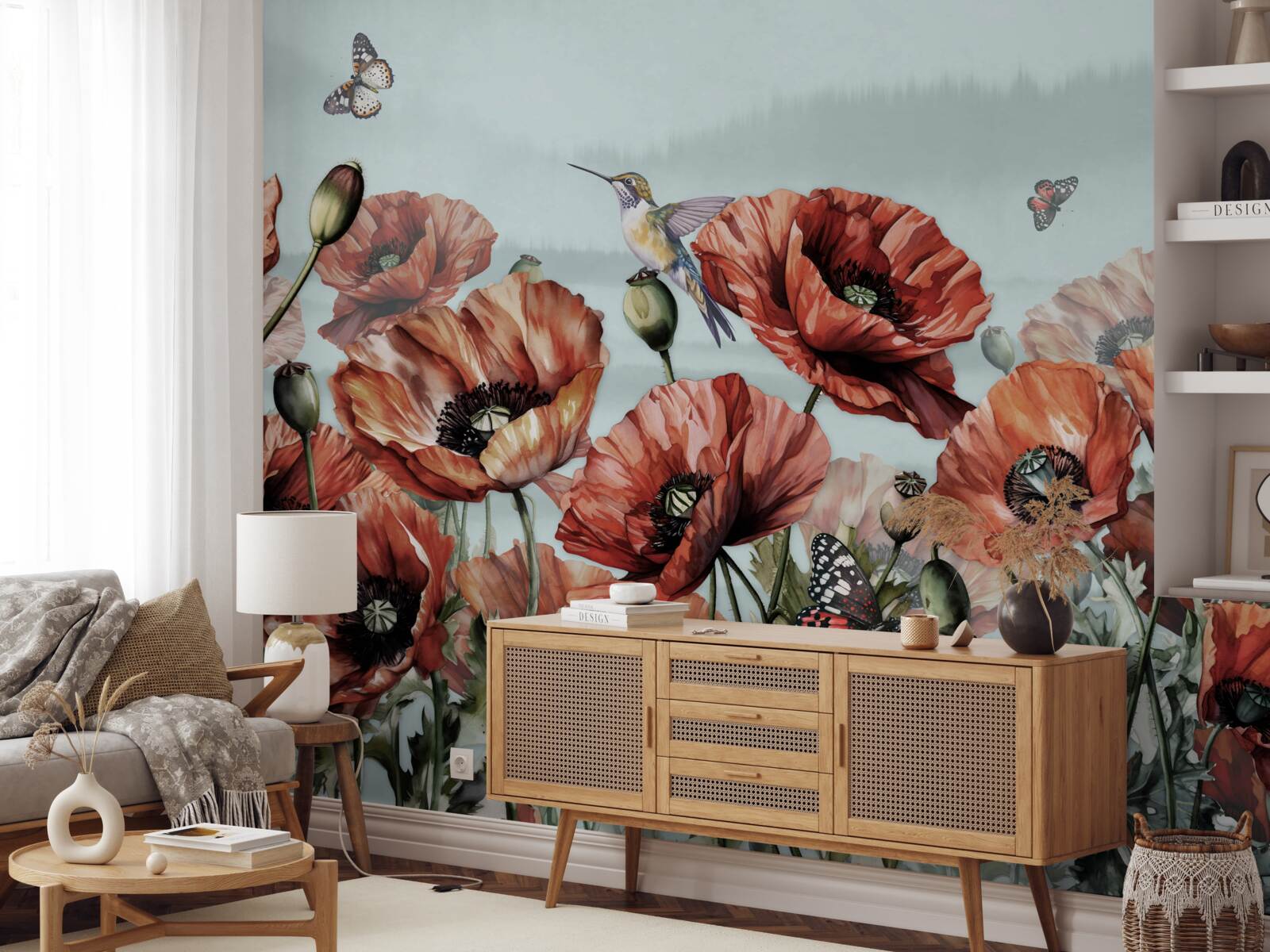 Fototapeta motyle latające nad polem szkarłatnych maków