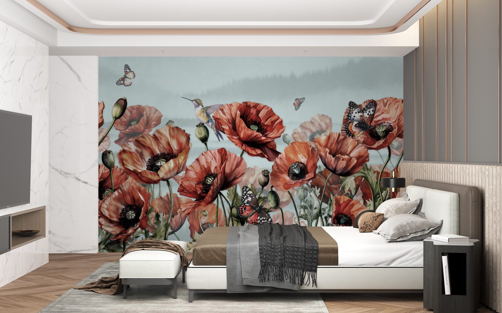 Fototapeta motyle latające nad polem szkarłatnych maków