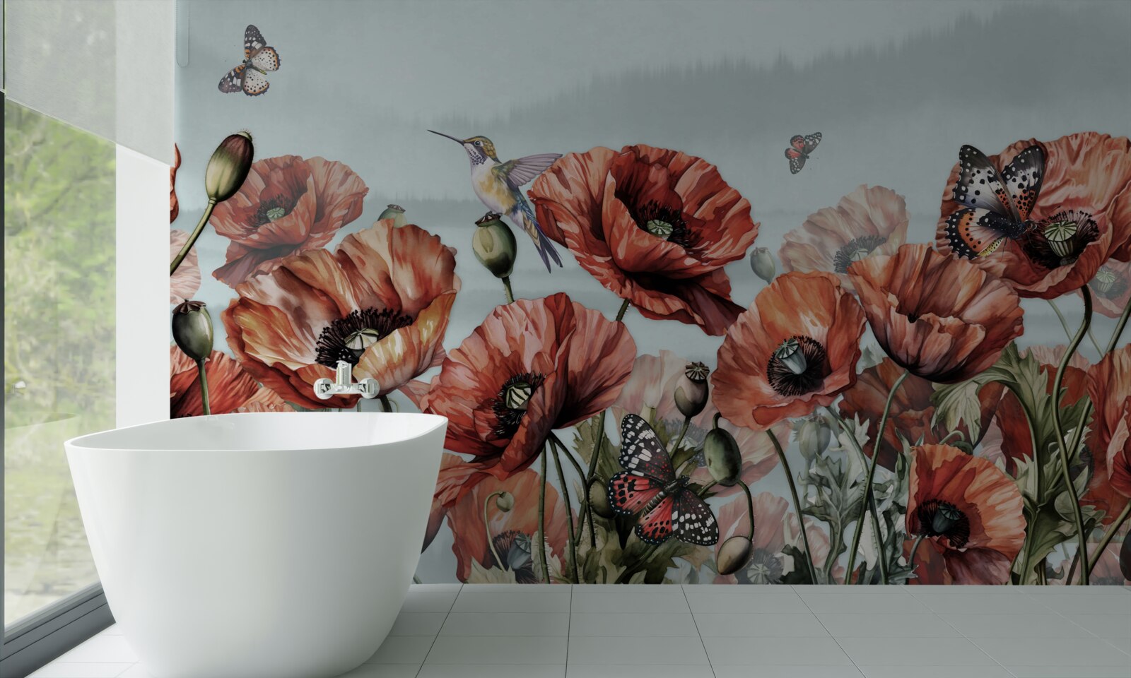 Fototapeta motyle latające nad polem szkarłatnych maków