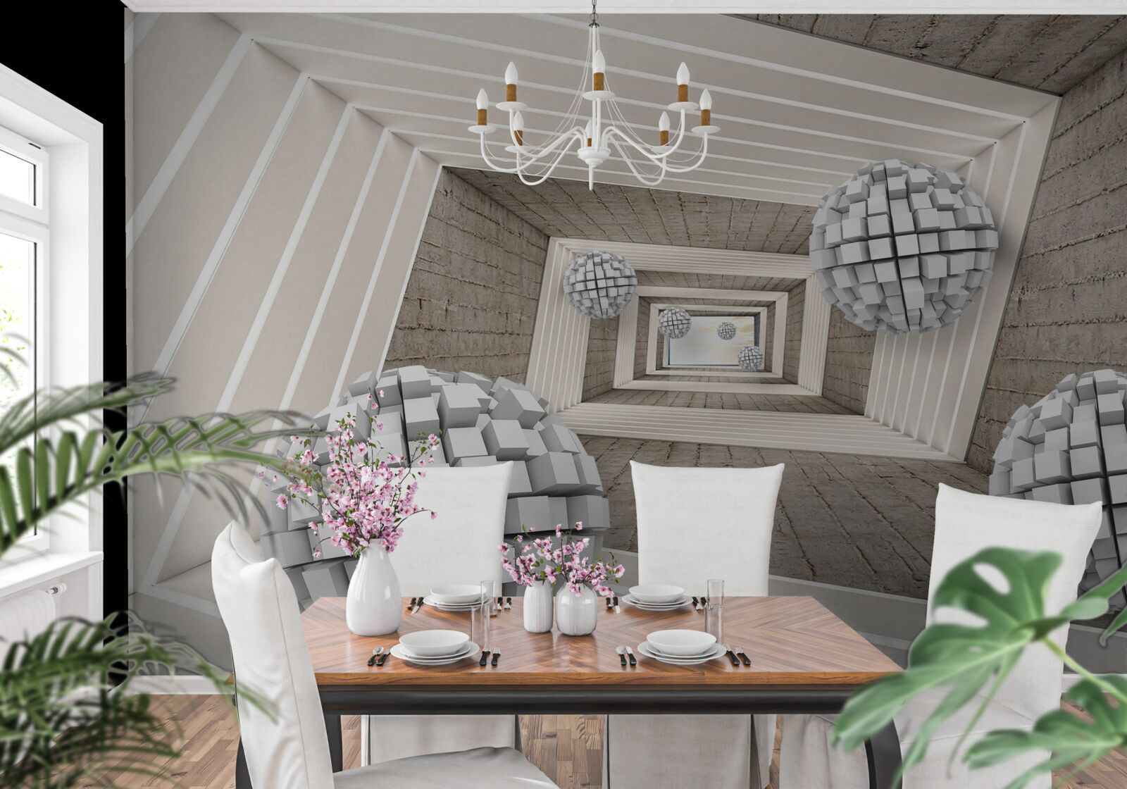 Fototapeta kule utworzone z kostek i niekończącego się korytarza