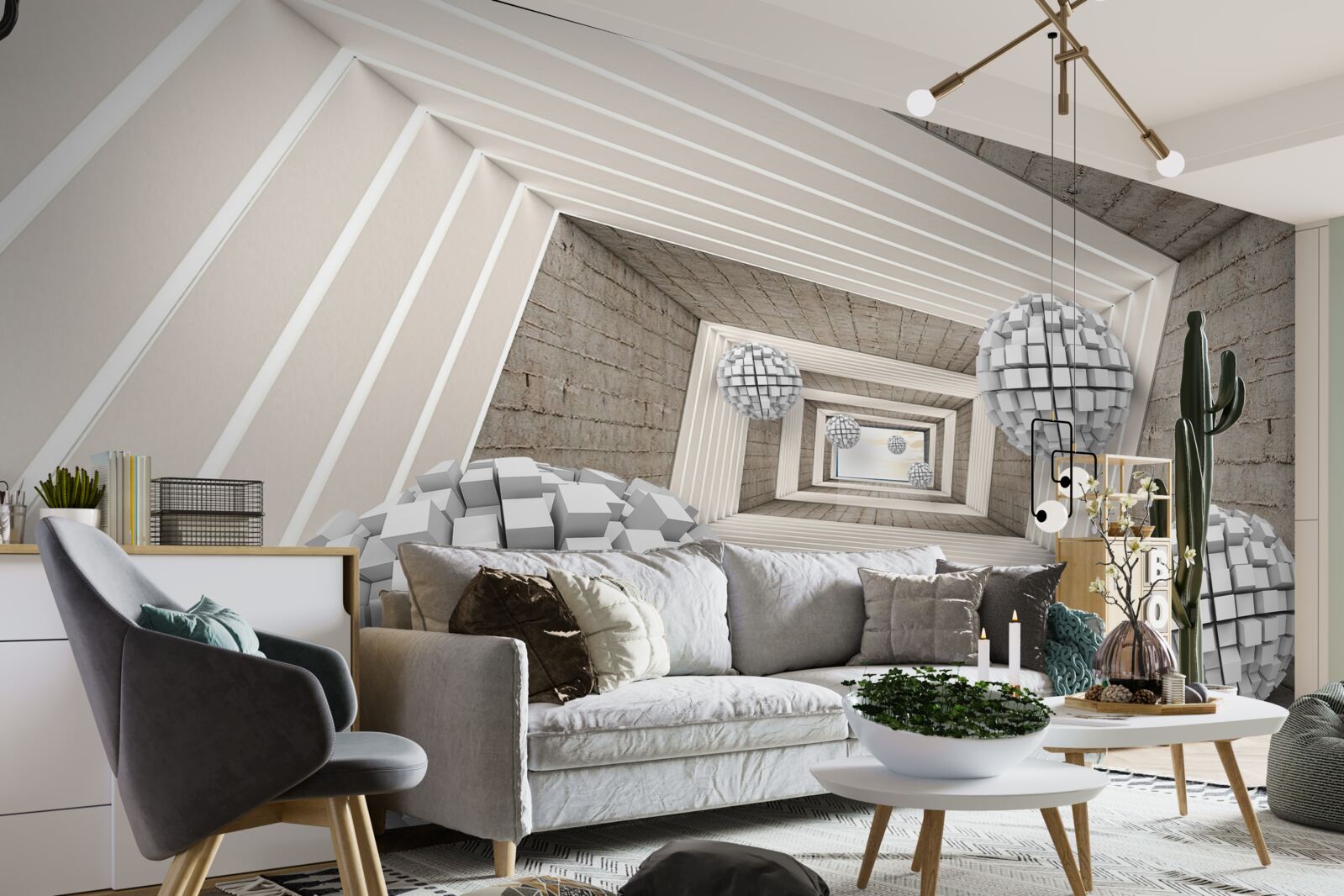 Fototapeta kule utworzone z kostek i niekończącego się korytarza