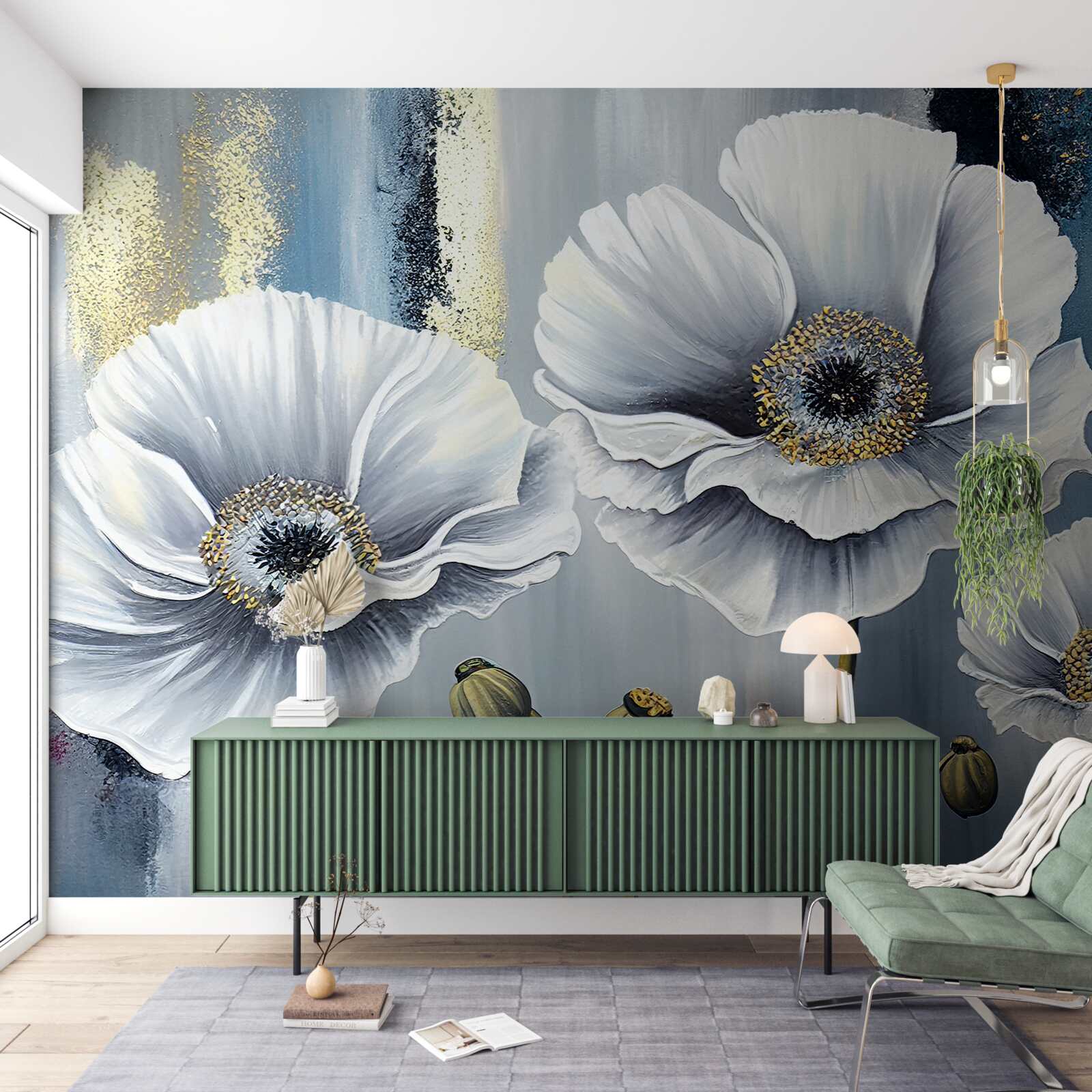 Fototapeta lśniące białe główki kwitnących maków