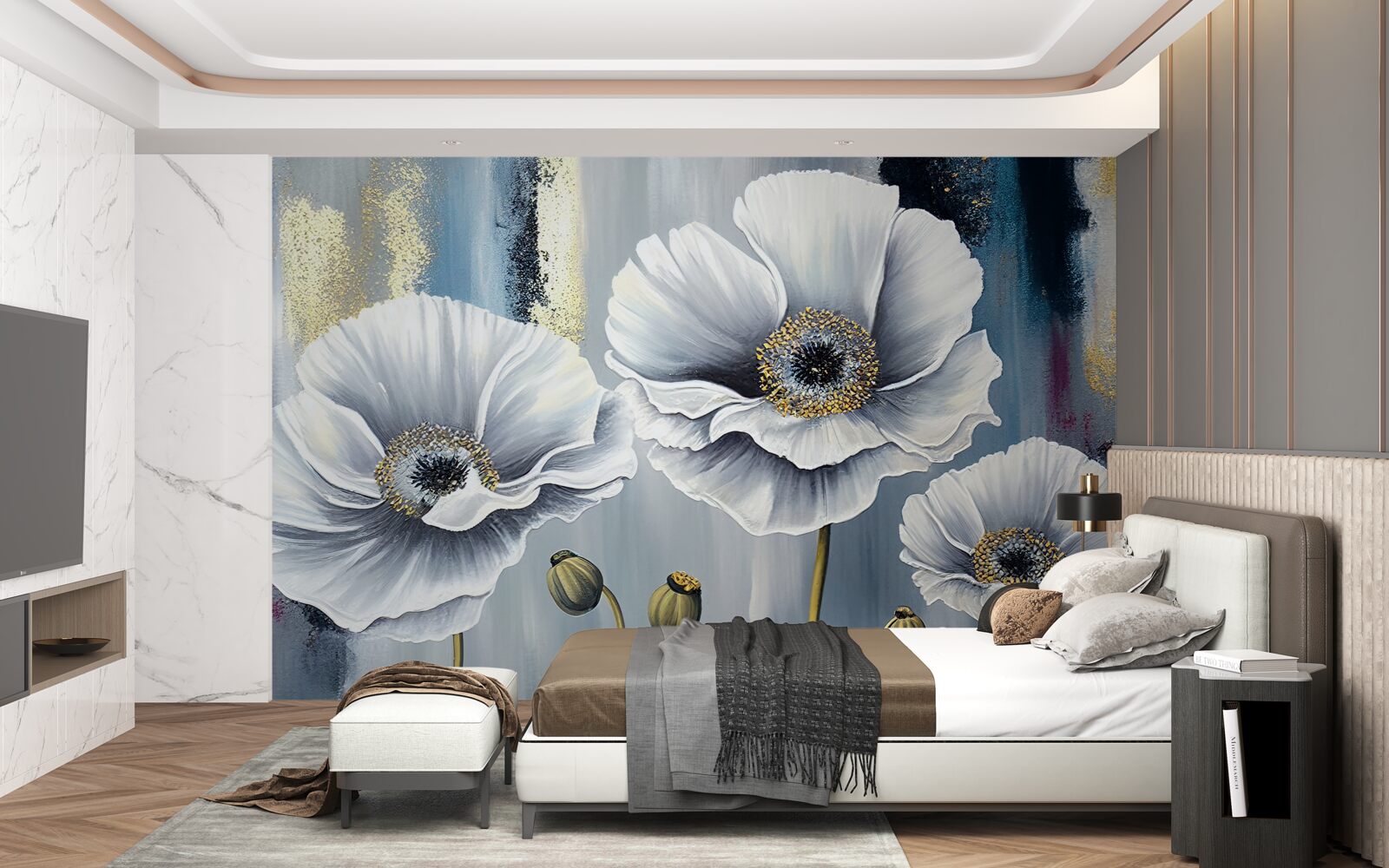 Fototapeta lśniące białe główki kwitnących maków