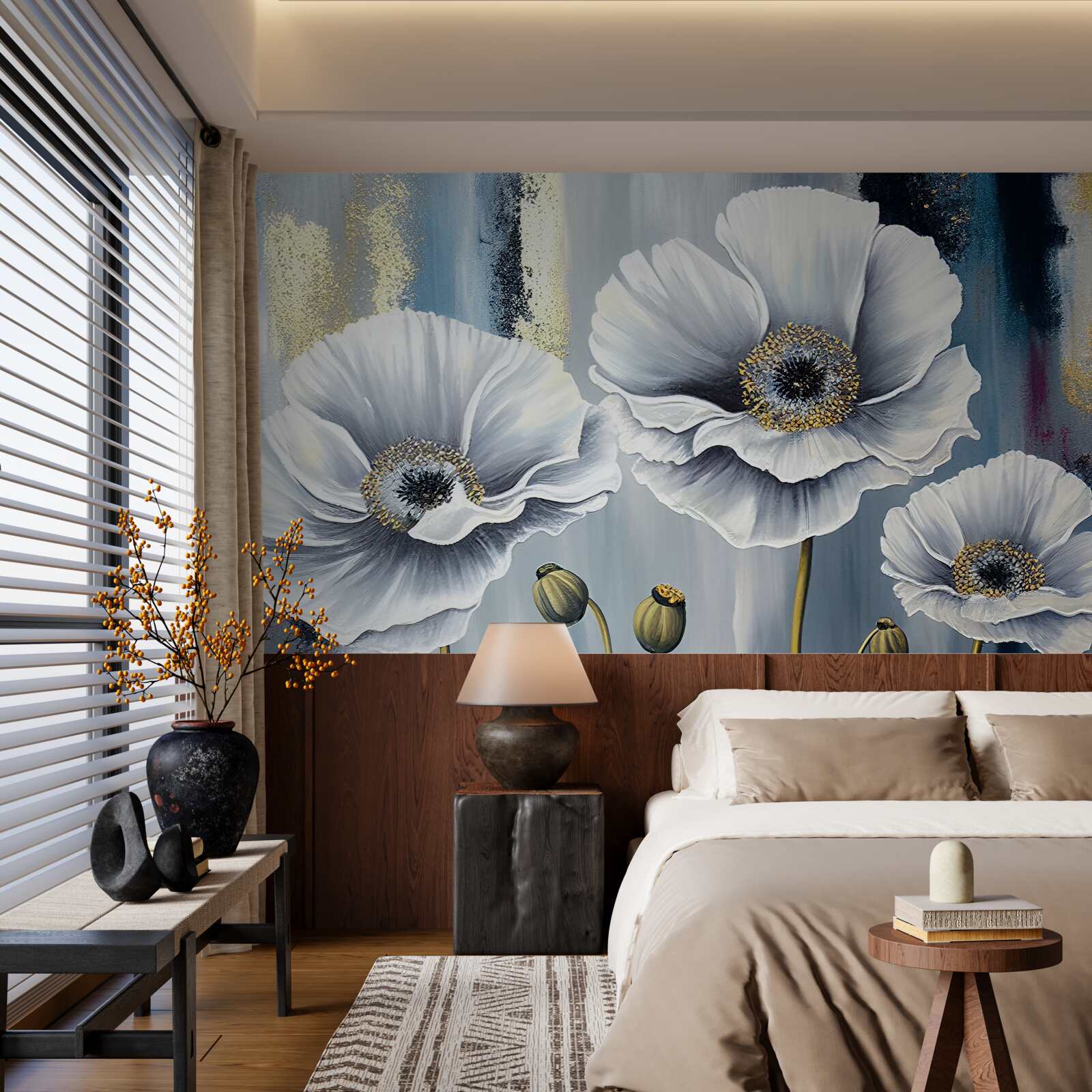 Fototapeta lśniące białe główki kwitnących maków