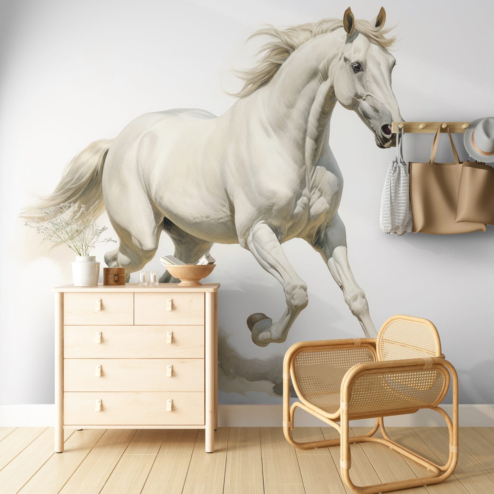 Fototapeta po piaszczystej powierzchni ściga się lekki ogier