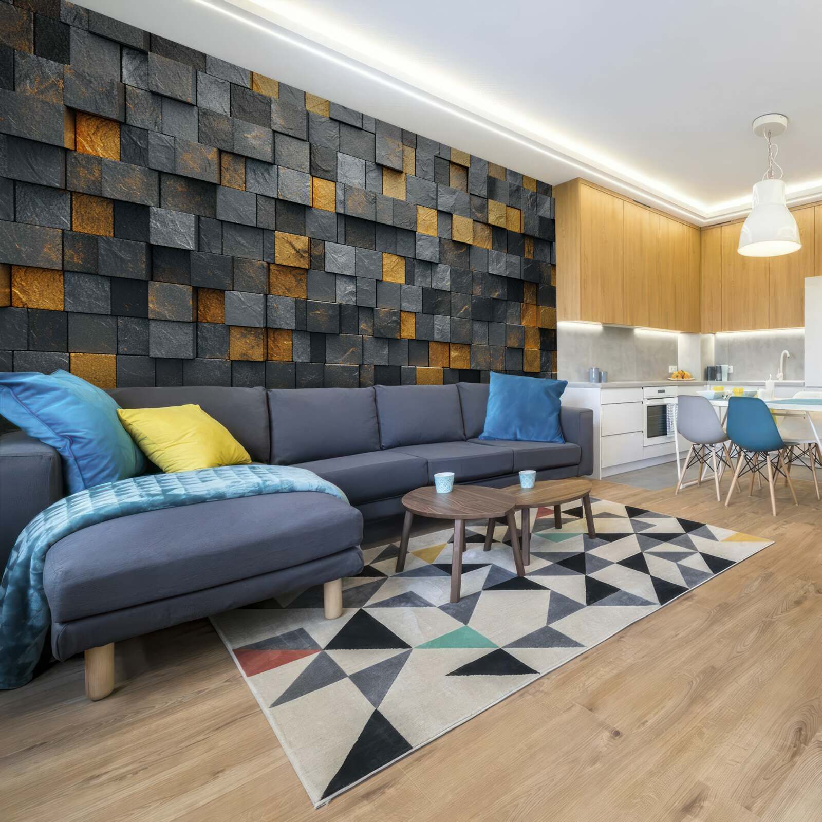 Fototapeta kwadraty szarości i ciemnych odcieni zmieszane są ze złotem