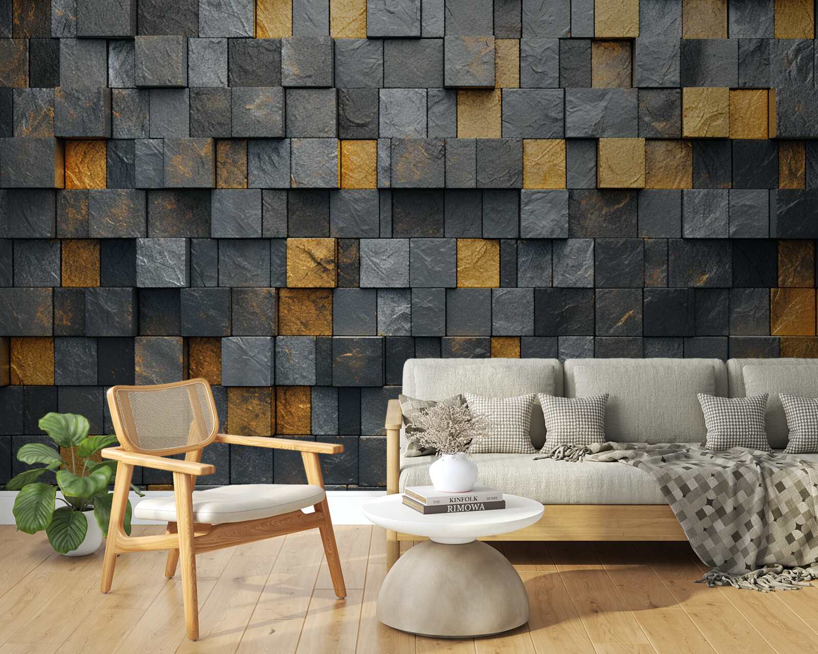 Fototapeta kwadraty szarości i ciemnych odcieni zmieszane są ze złotem