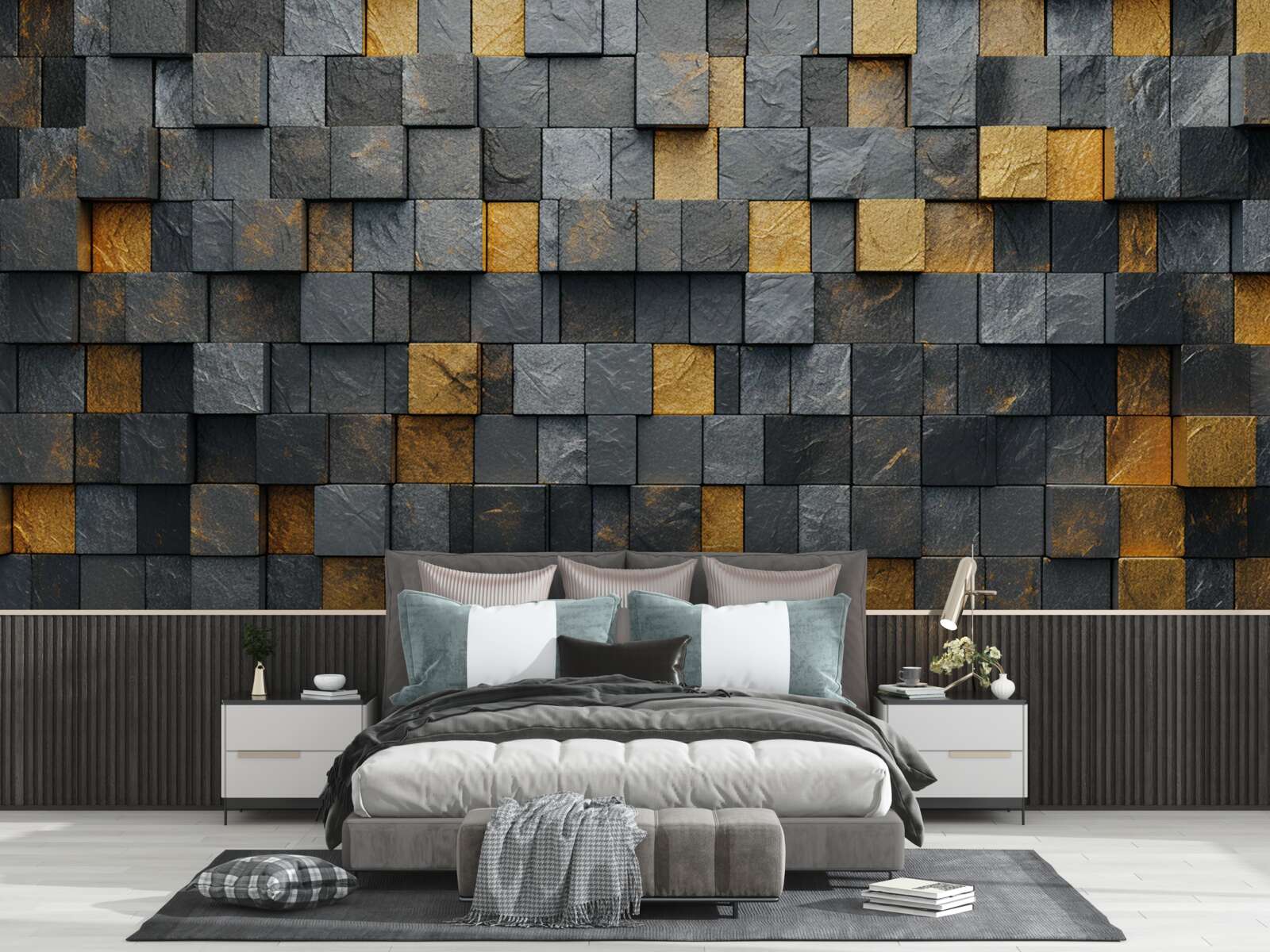 Fototapeta kwadraty szarości i ciemnych odcieni zmieszane są ze złotem