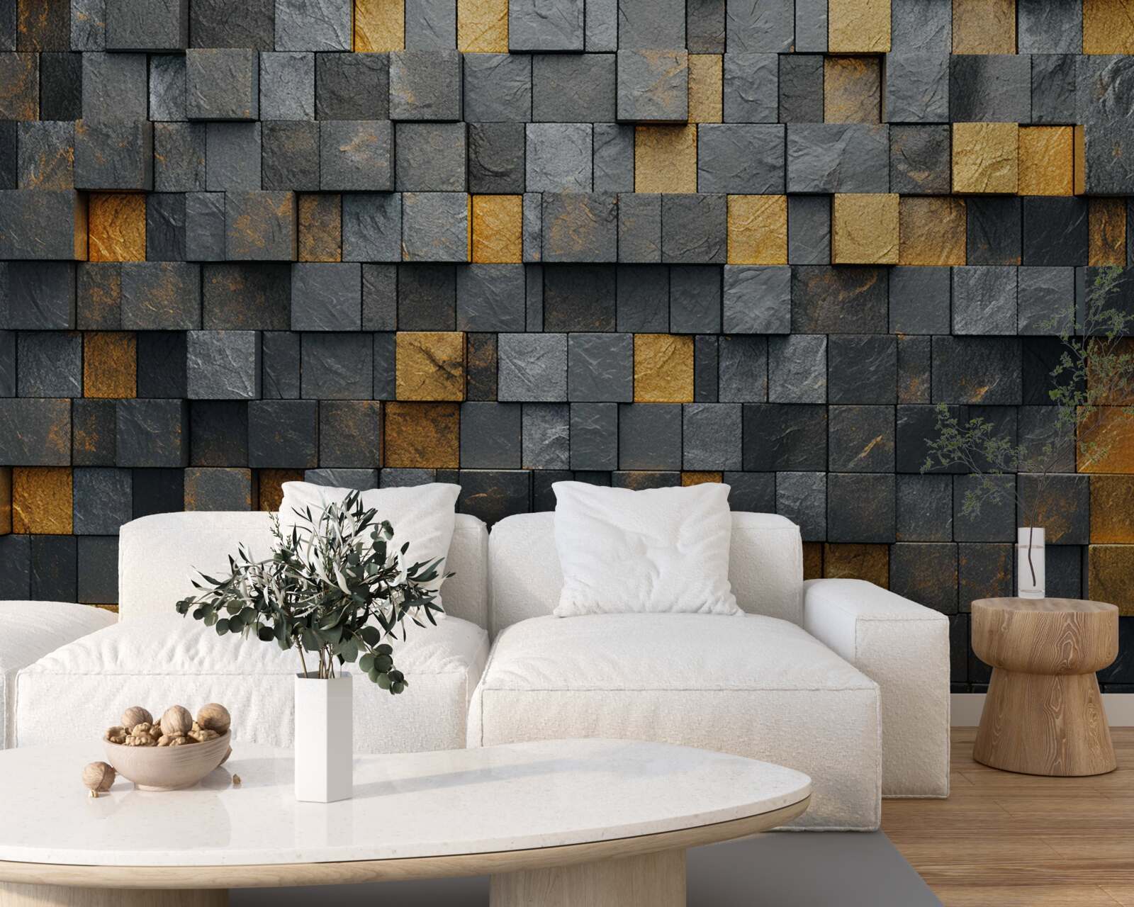 Fototapeta kwadraty szarości i ciemnych odcieni zmieszane są ze złotem