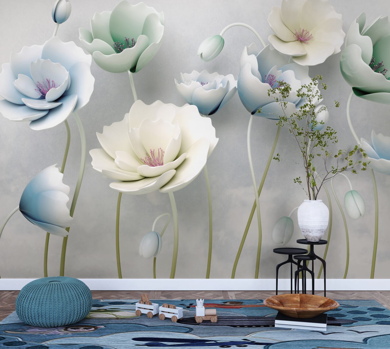 Fototapeta krople wody na smukłych makach o różnych odcieniach