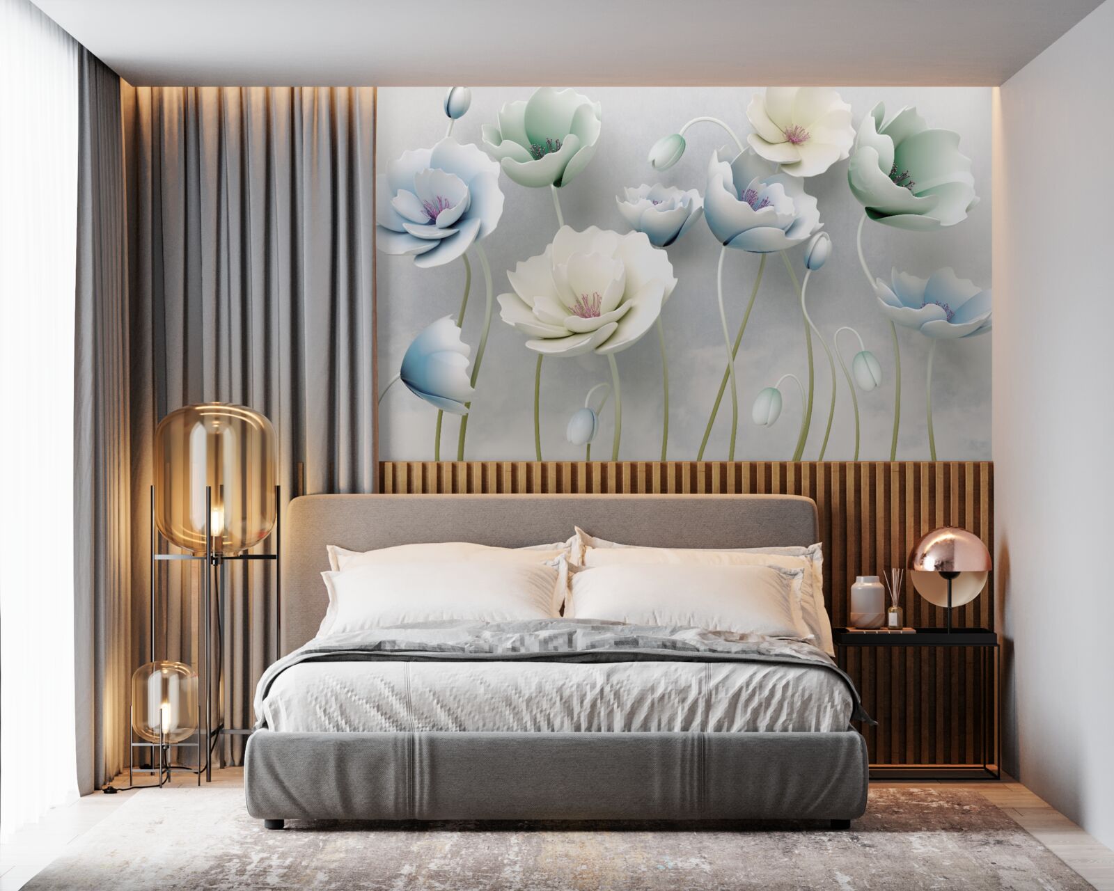 Fototapeta krople wody na smukłych makach o różnych odcieniach