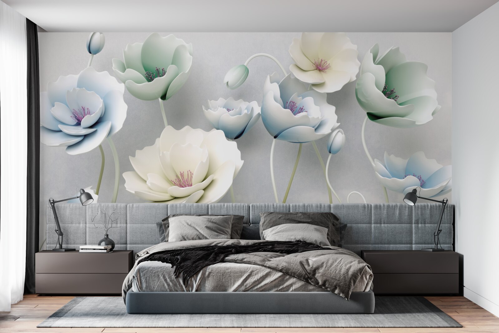 Fototapeta krople wody na smukłych makach o różnych odcieniach